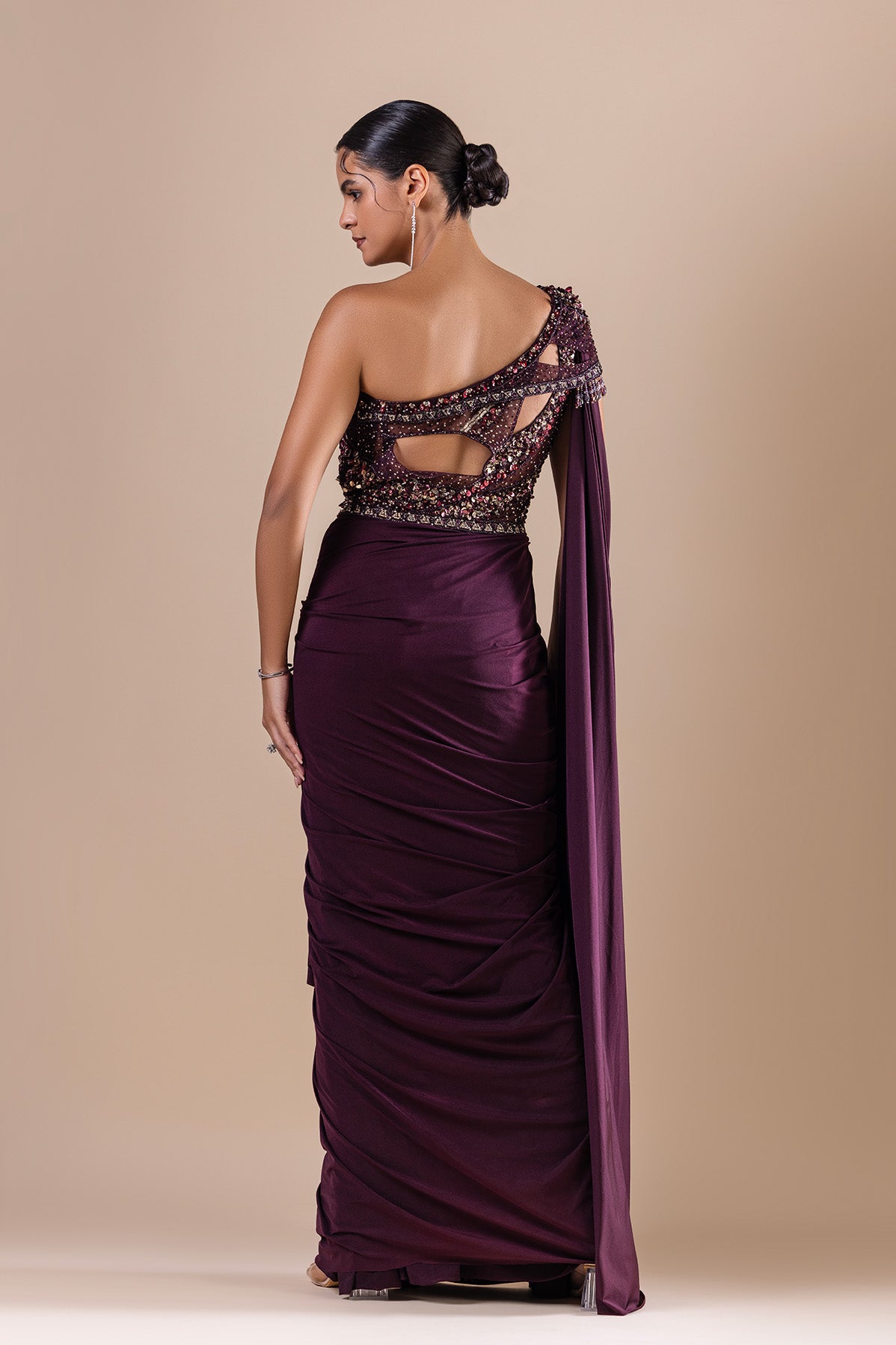 Burgundy Embroidered Drape Saree