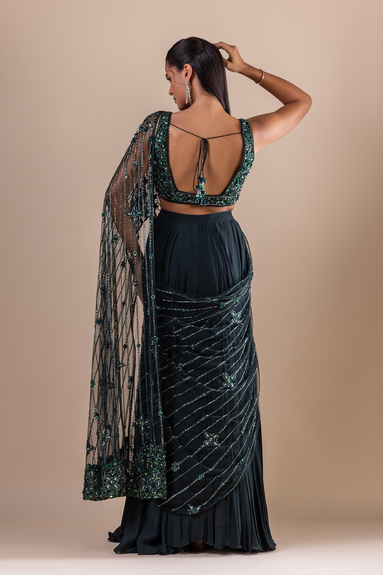 Dark Green Embroidered Drape Saree