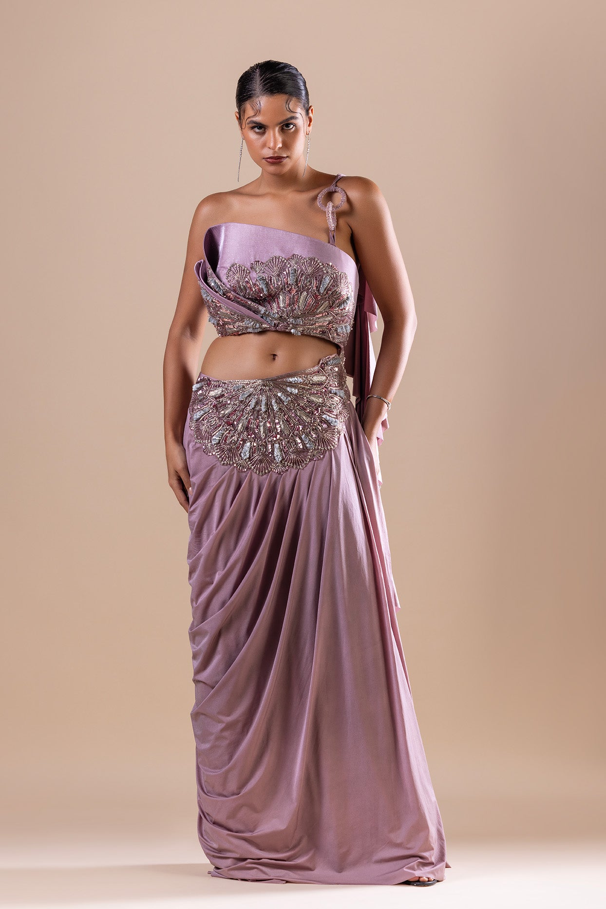 Lavender Lycra Embroidered Draped Saree
