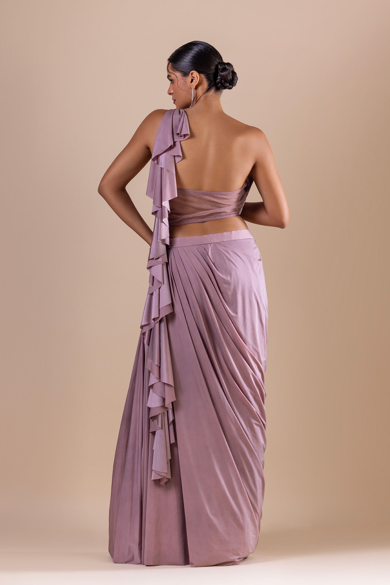Lavender Lycra Embroidered Draped Saree