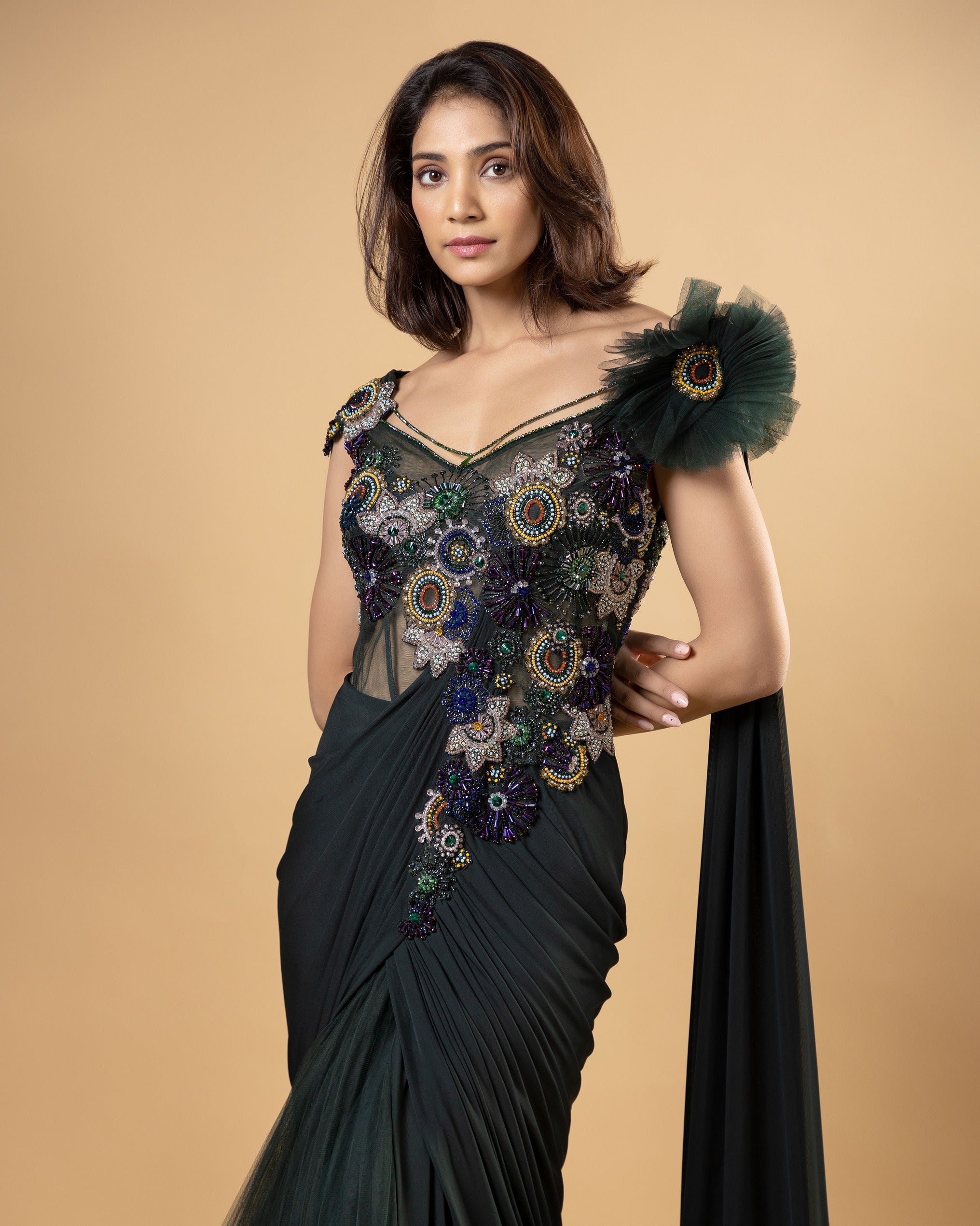 Ariannna Bottle Green Drape Saree