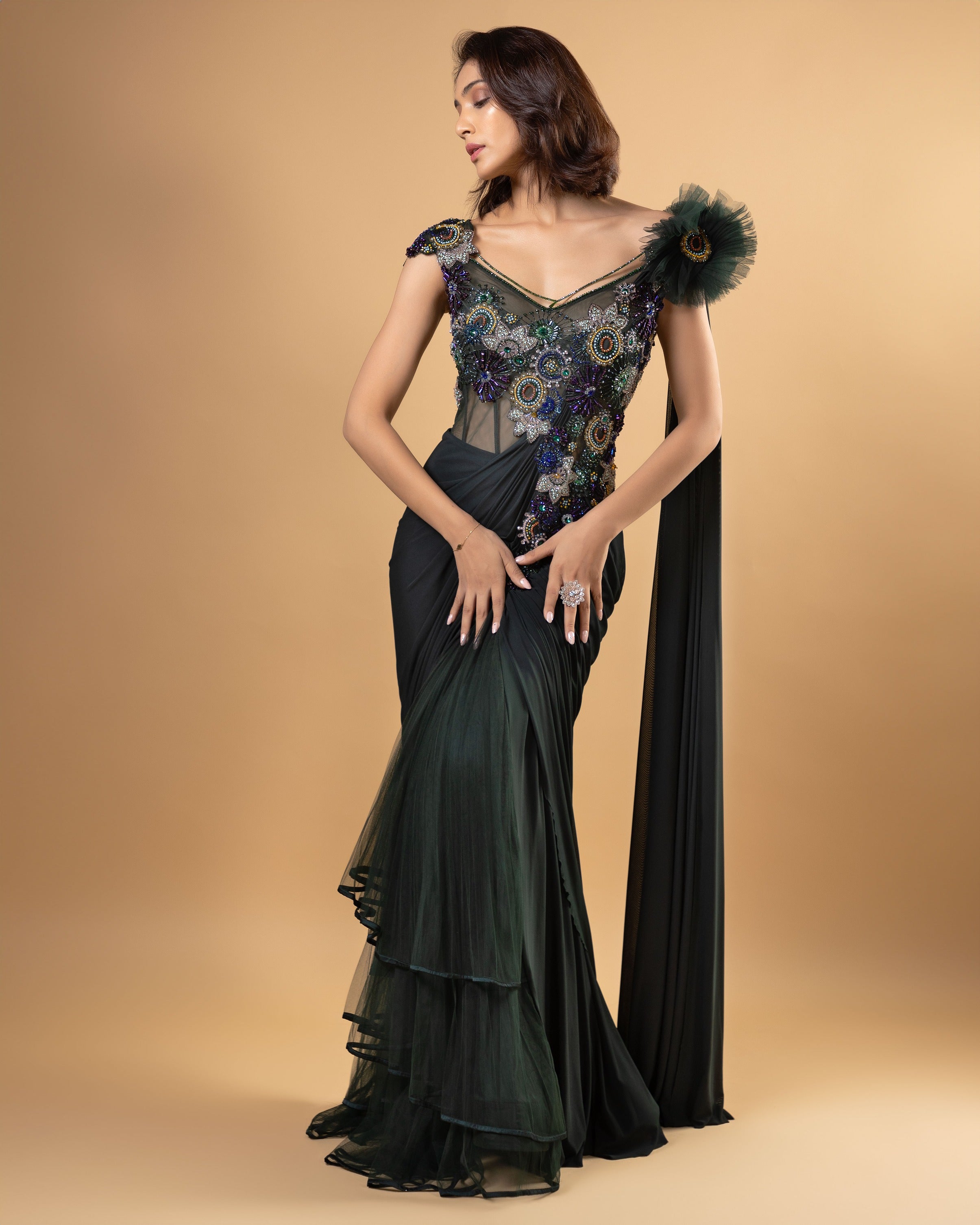 Ariannna Bottle Green Drape Saree