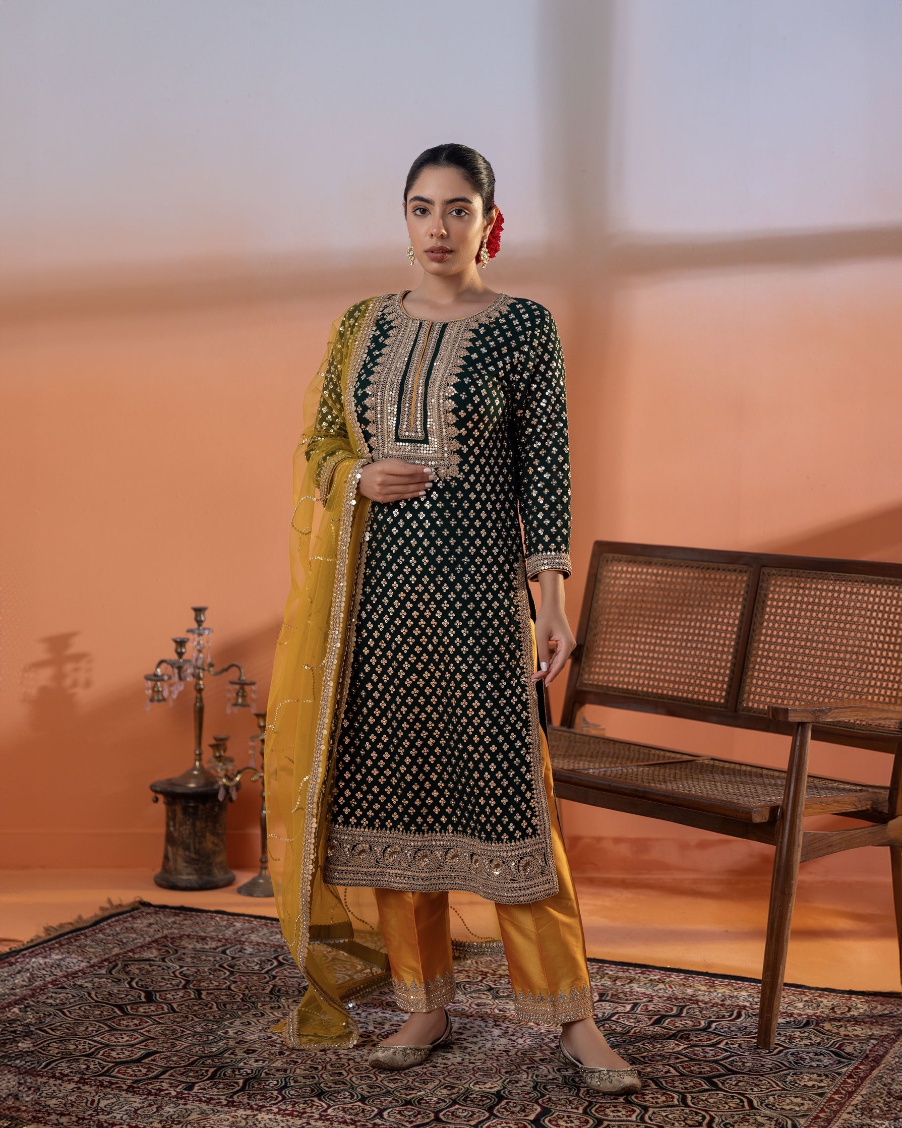 Bottle Green Dori & Kundan Jora Set