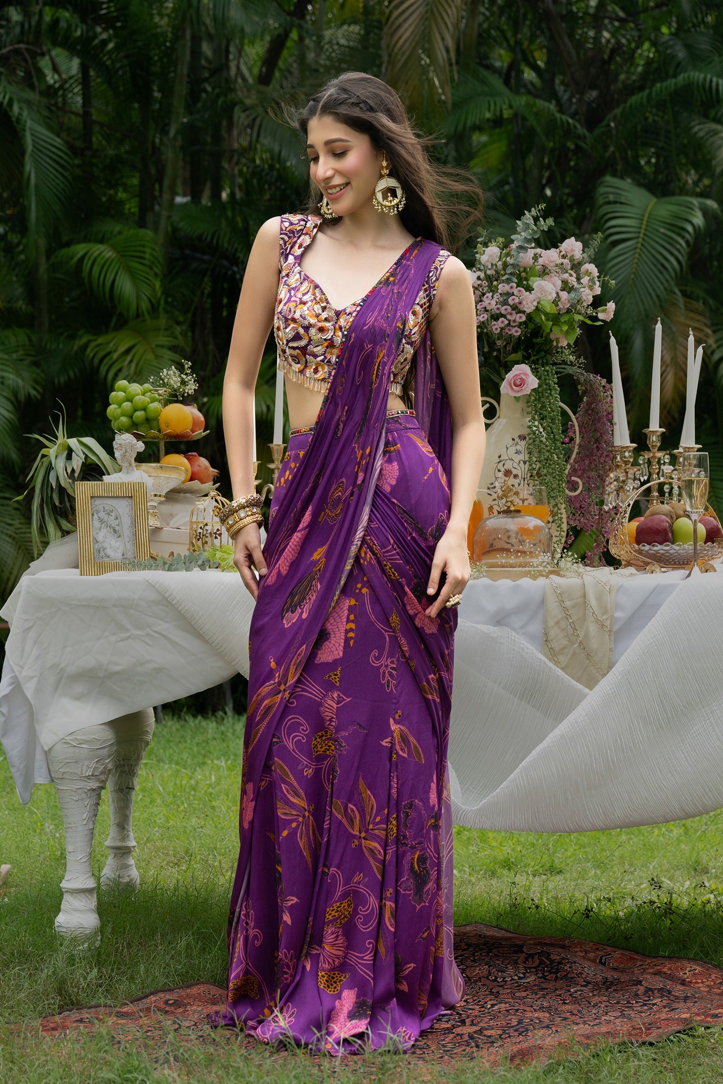 PLUM PRINTED DRAPE SAREE