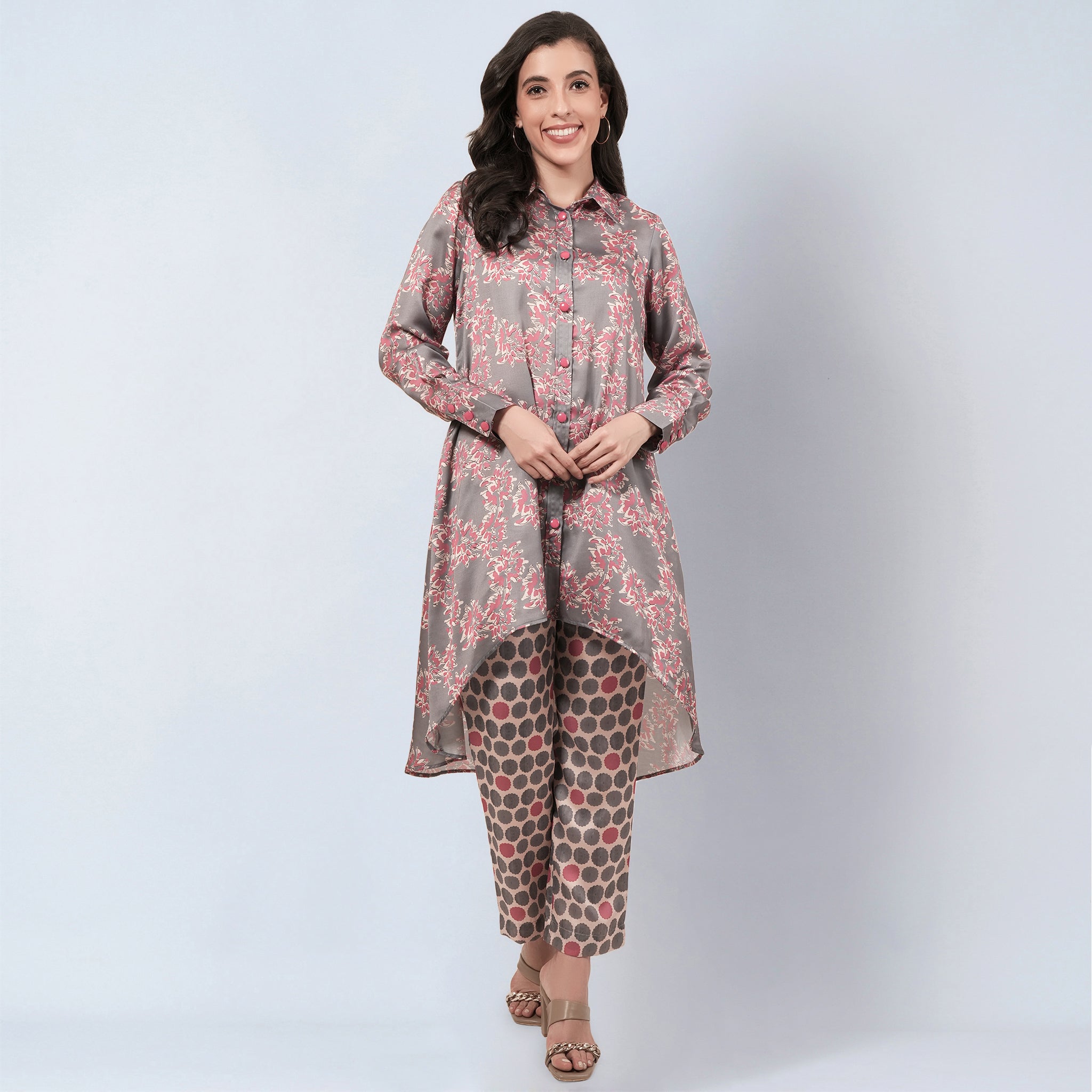 Grey and Pink Floral Combination Print Co-ordinate Set