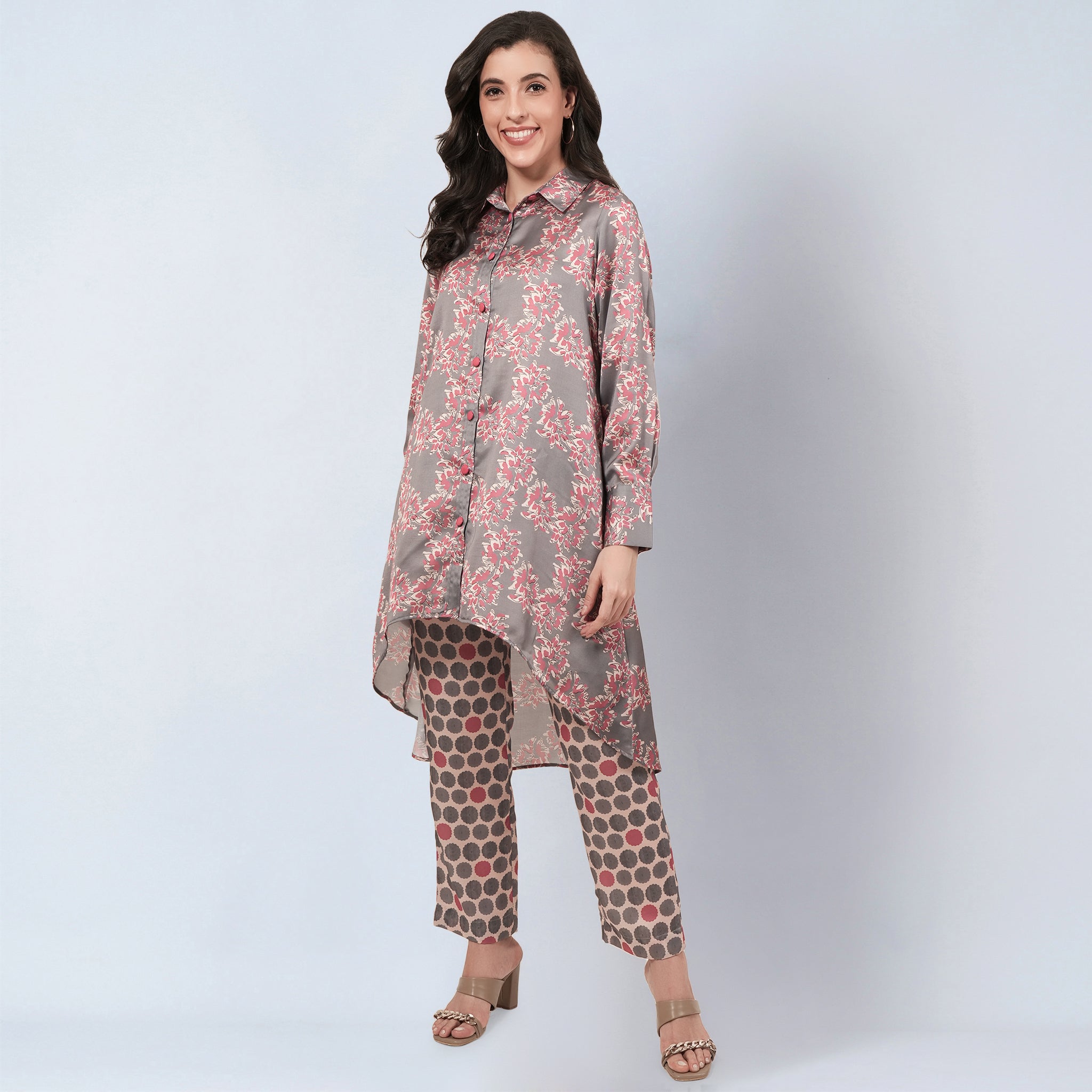 Grey and Pink Floral Combination Print Co-ordinate Set