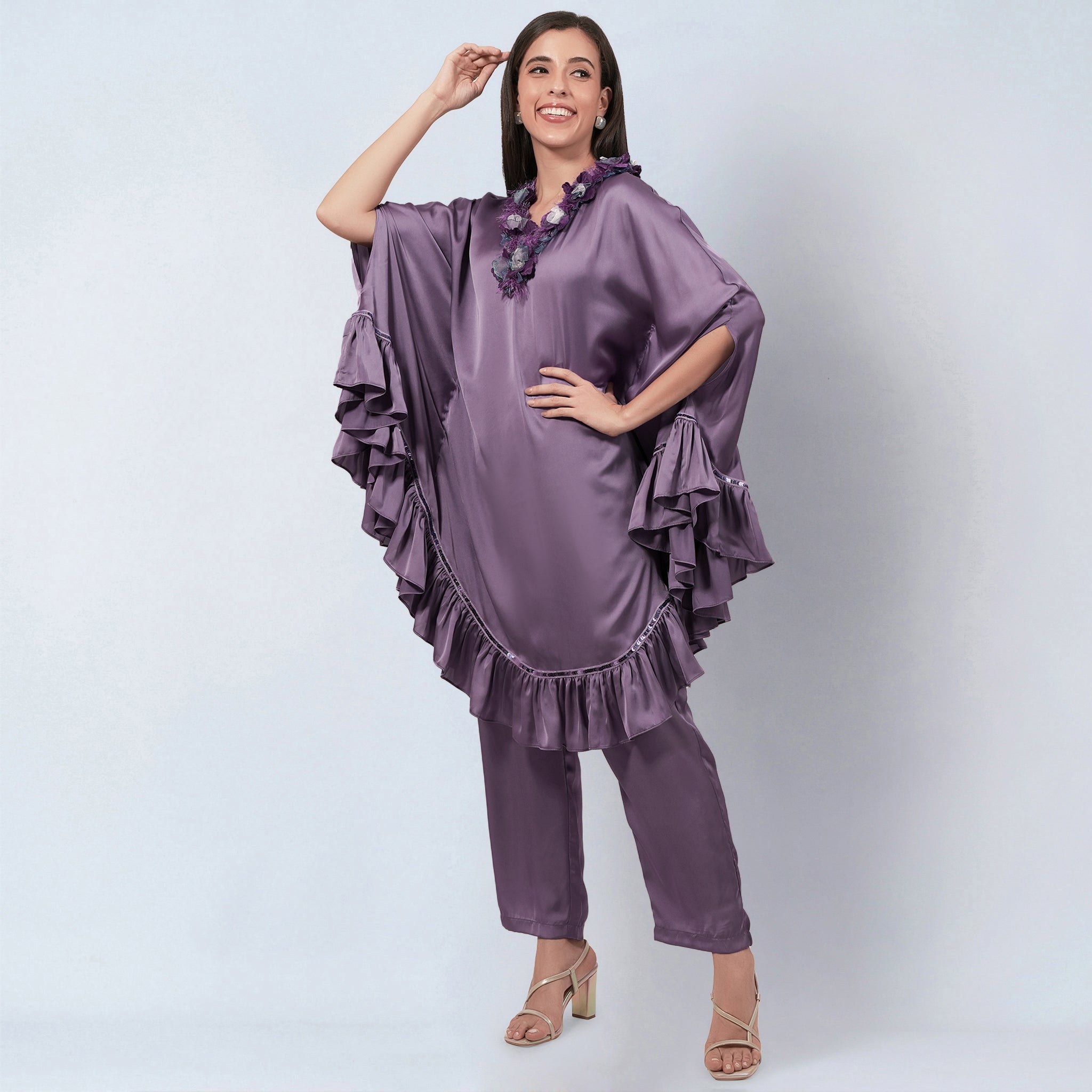 Purple Ruffle Dress with Floral Lace Detail with Satin Pants Set