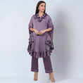 Load image into Gallery viewer, Purple Ruffle Dress with Floral Lace Detail with Satin Pants Set
