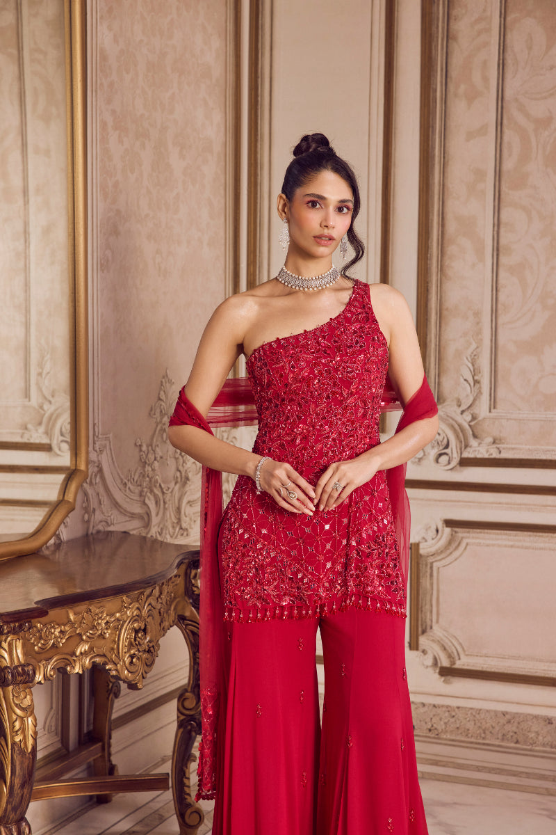 Magenta One Shoulder Kurta And Pants