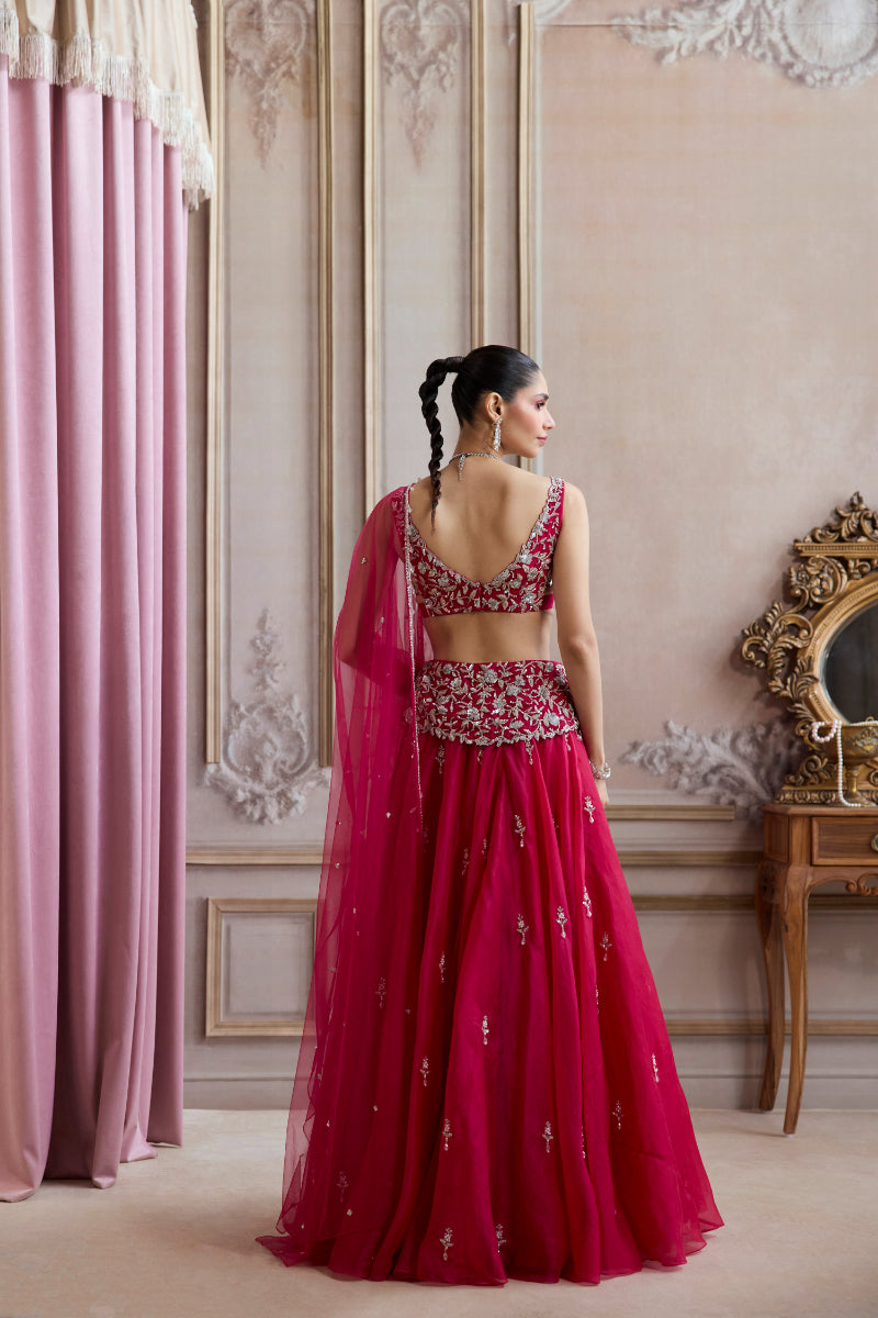 Magenta Organza Lehenga With Embroidered Belt