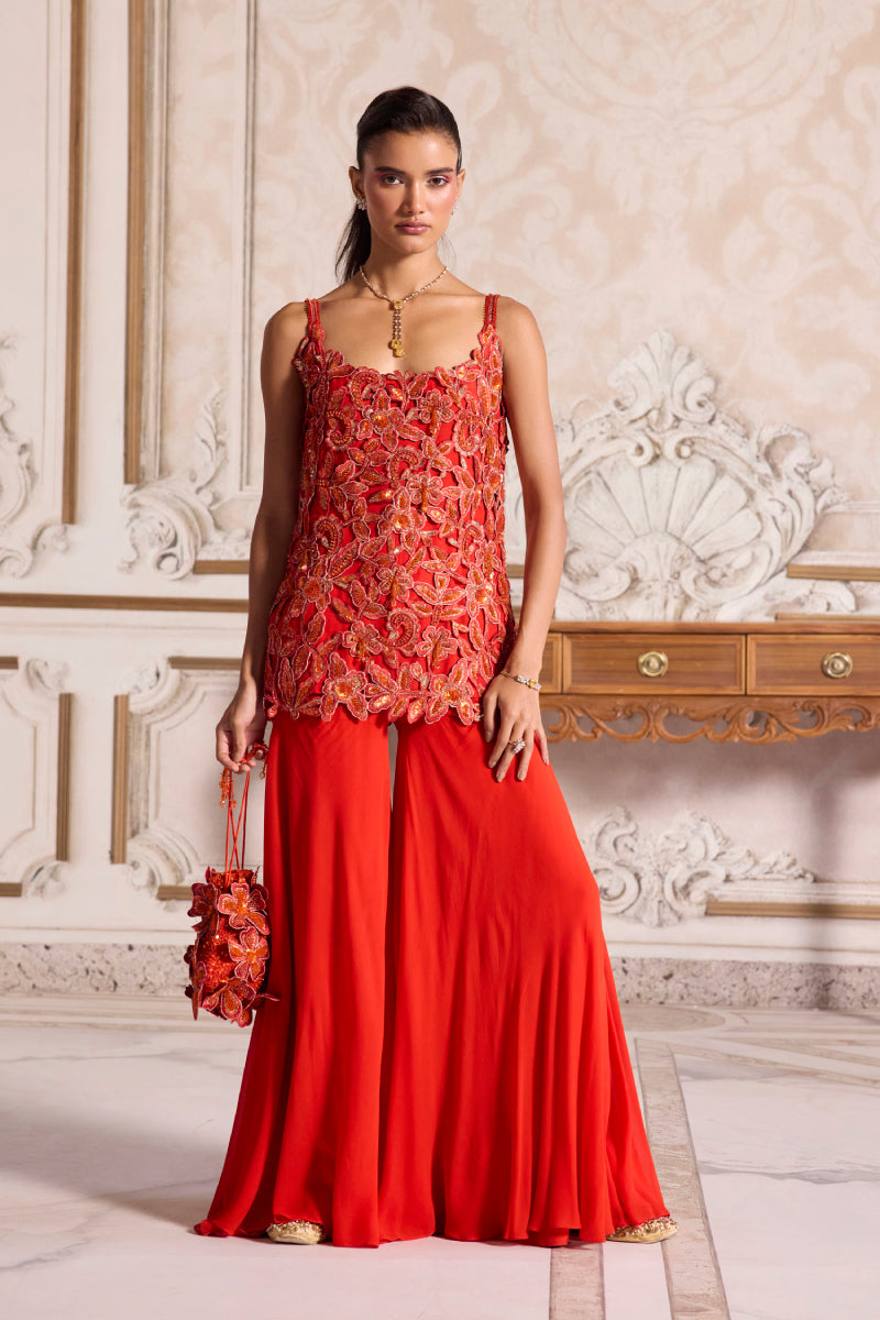 Rust Cut-Work Kurta And Sharara