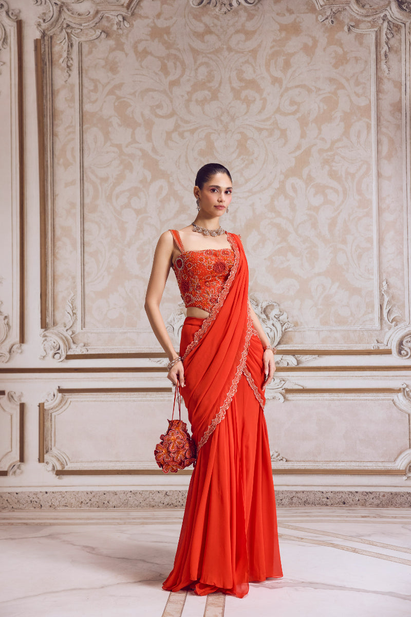 Rust Pre-Draped Saree And Corset