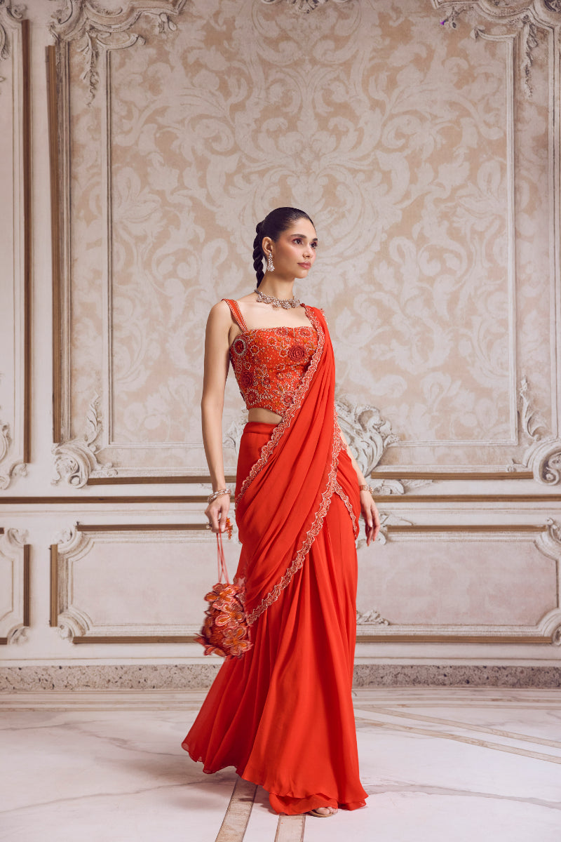 Rust Pre-Draped Saree And Corset