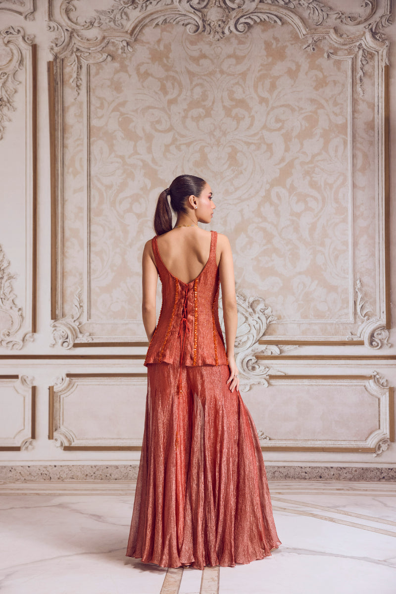 Rust Crushed Tissue Corset And Sharara