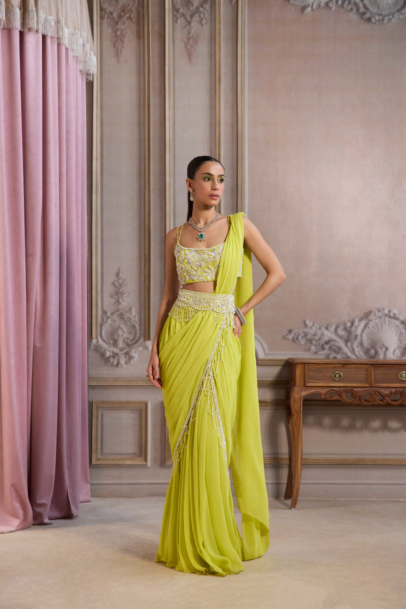Neon Green Pre-Draped Saree With Bustier And Embroidered Belt