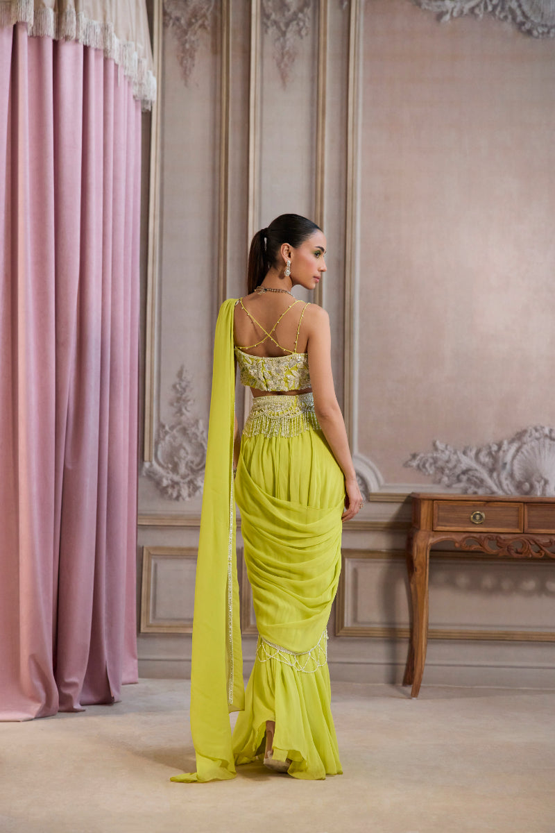 Neon Green Pre-Draped Saree With Bustier And Embroidered Belt
