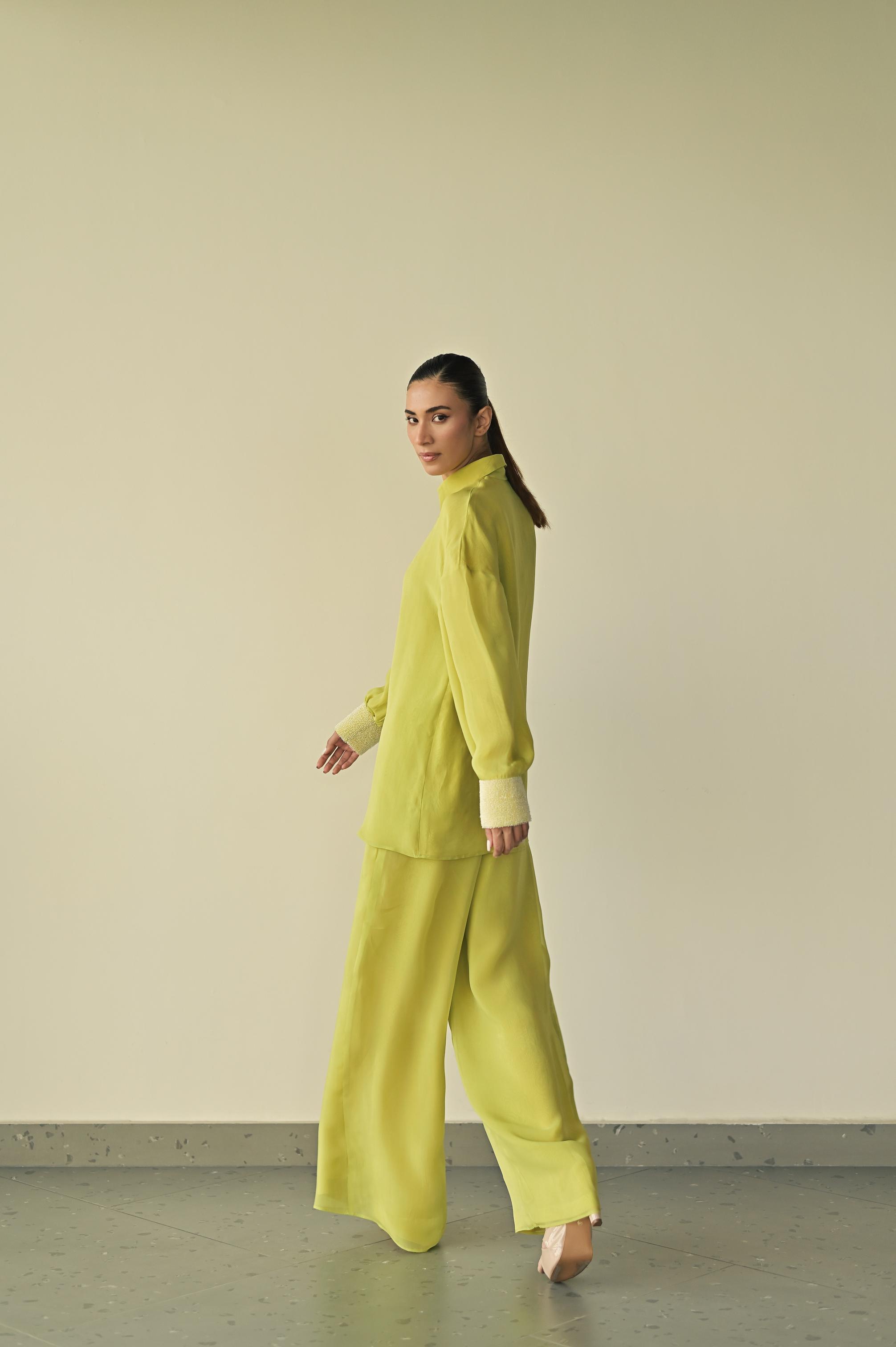 MONET GREEN ORGANZA 
PARALLEL TROUSERS