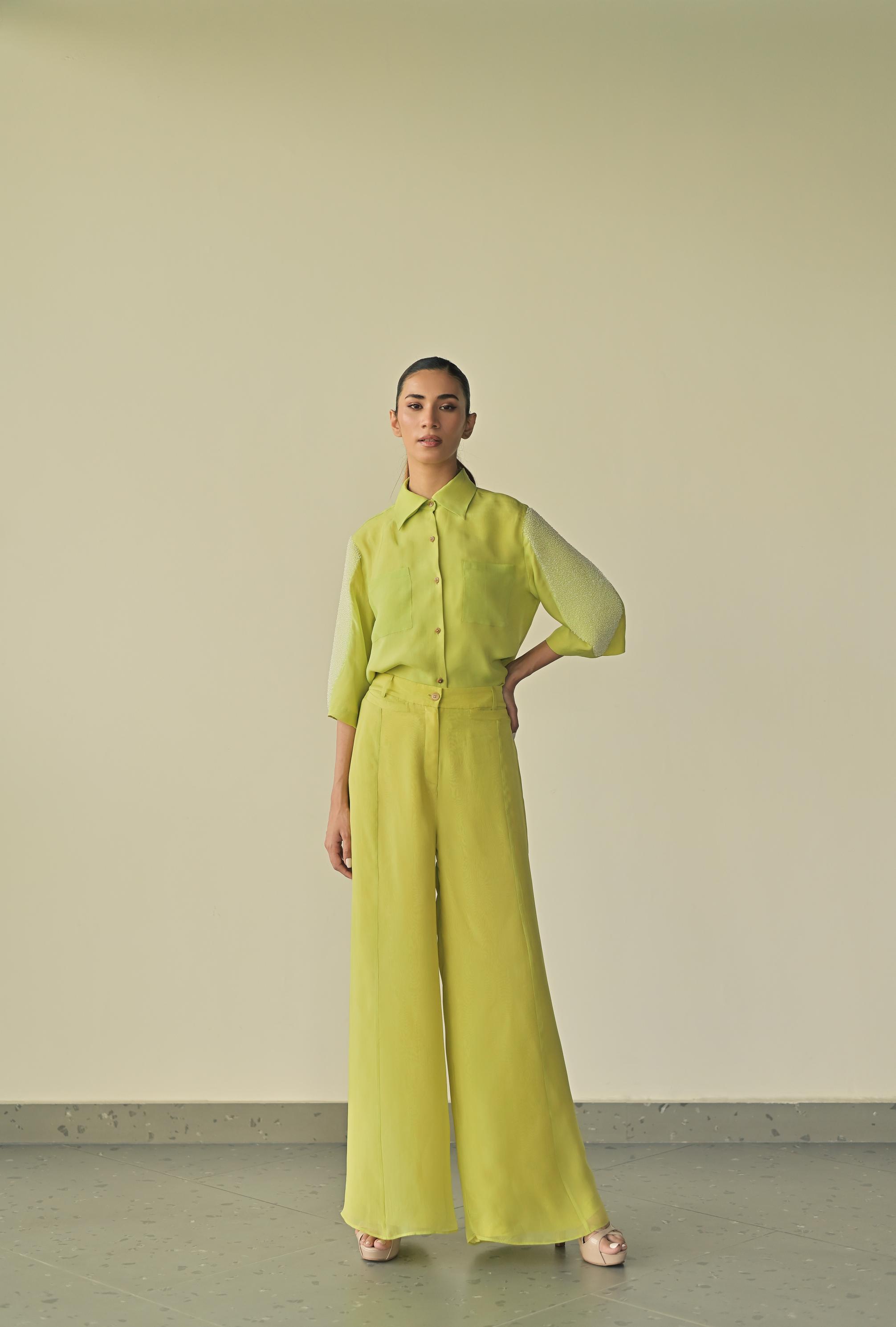 MONET GREEN ORGANZA 
PARALLEL TROUSERS