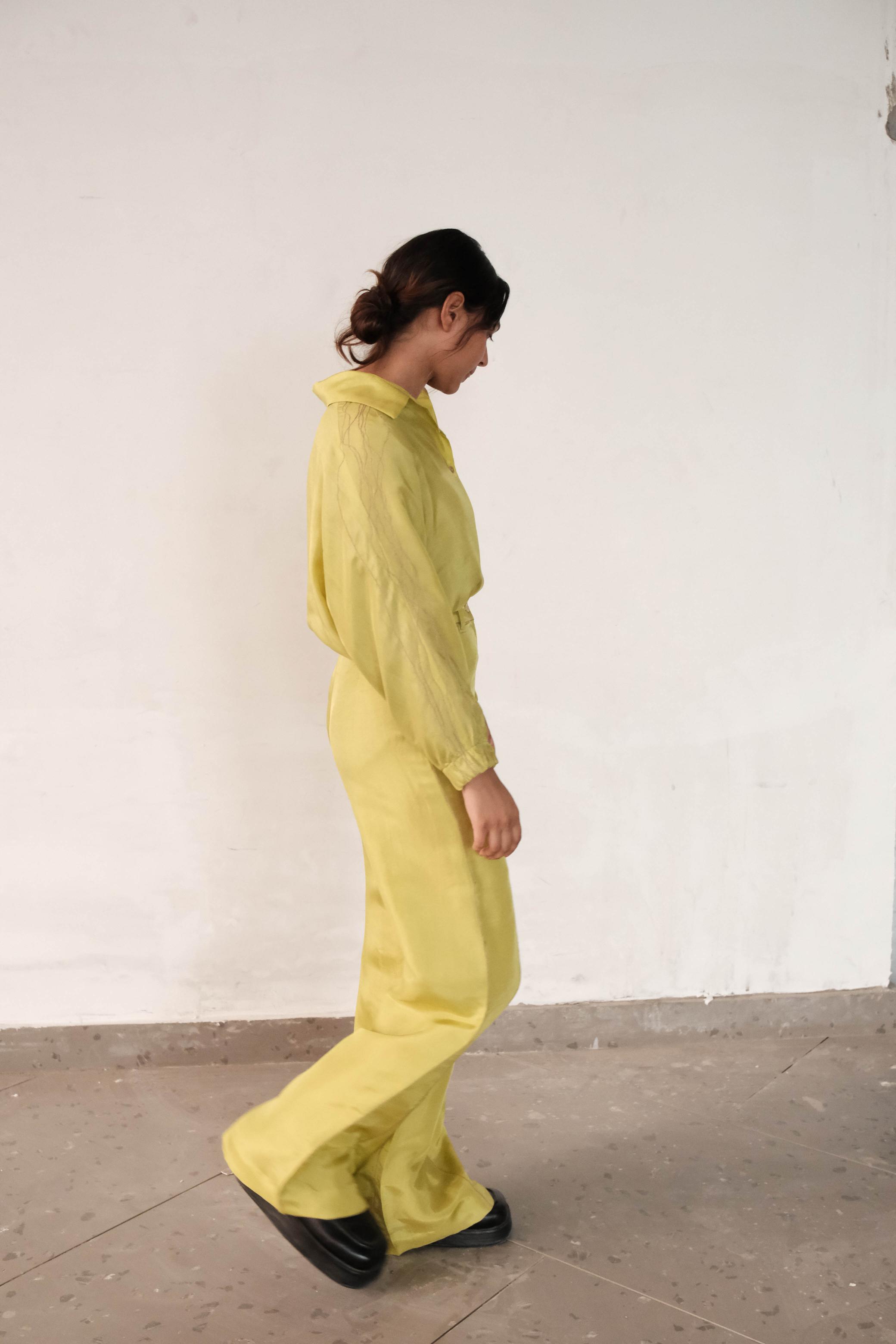 Jute corded trousers in Monet Green