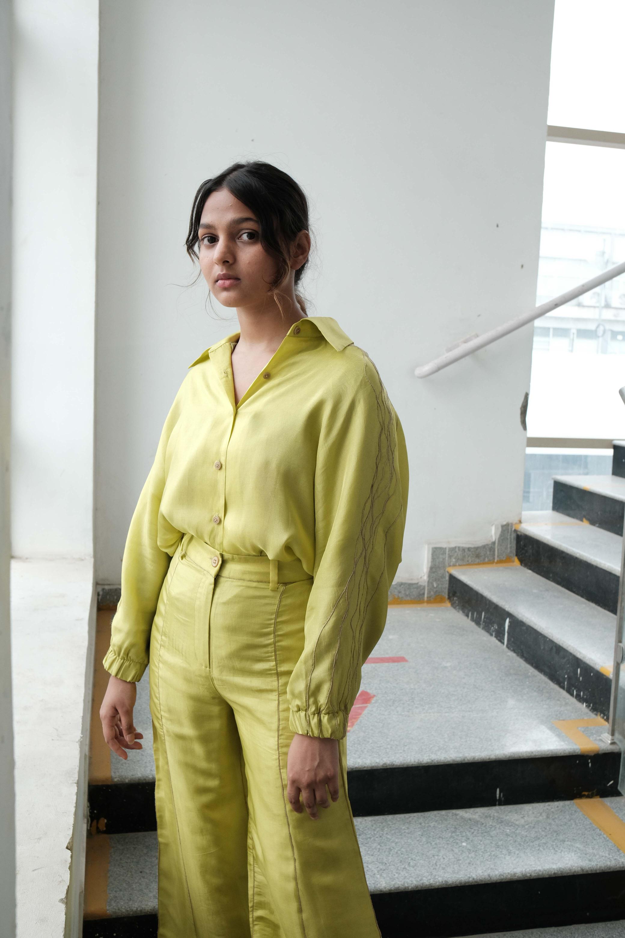 Jute corded trousers in Monet Green