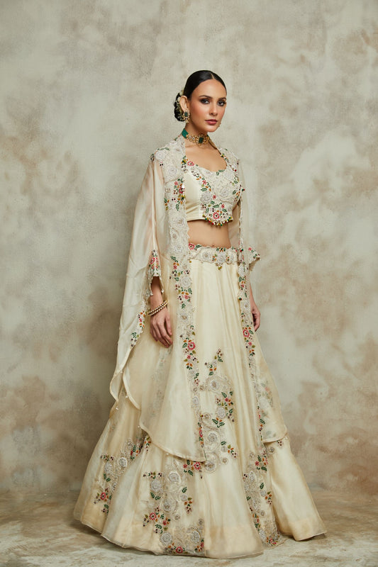 Silk Bouse With Organza Cape And Lehenga