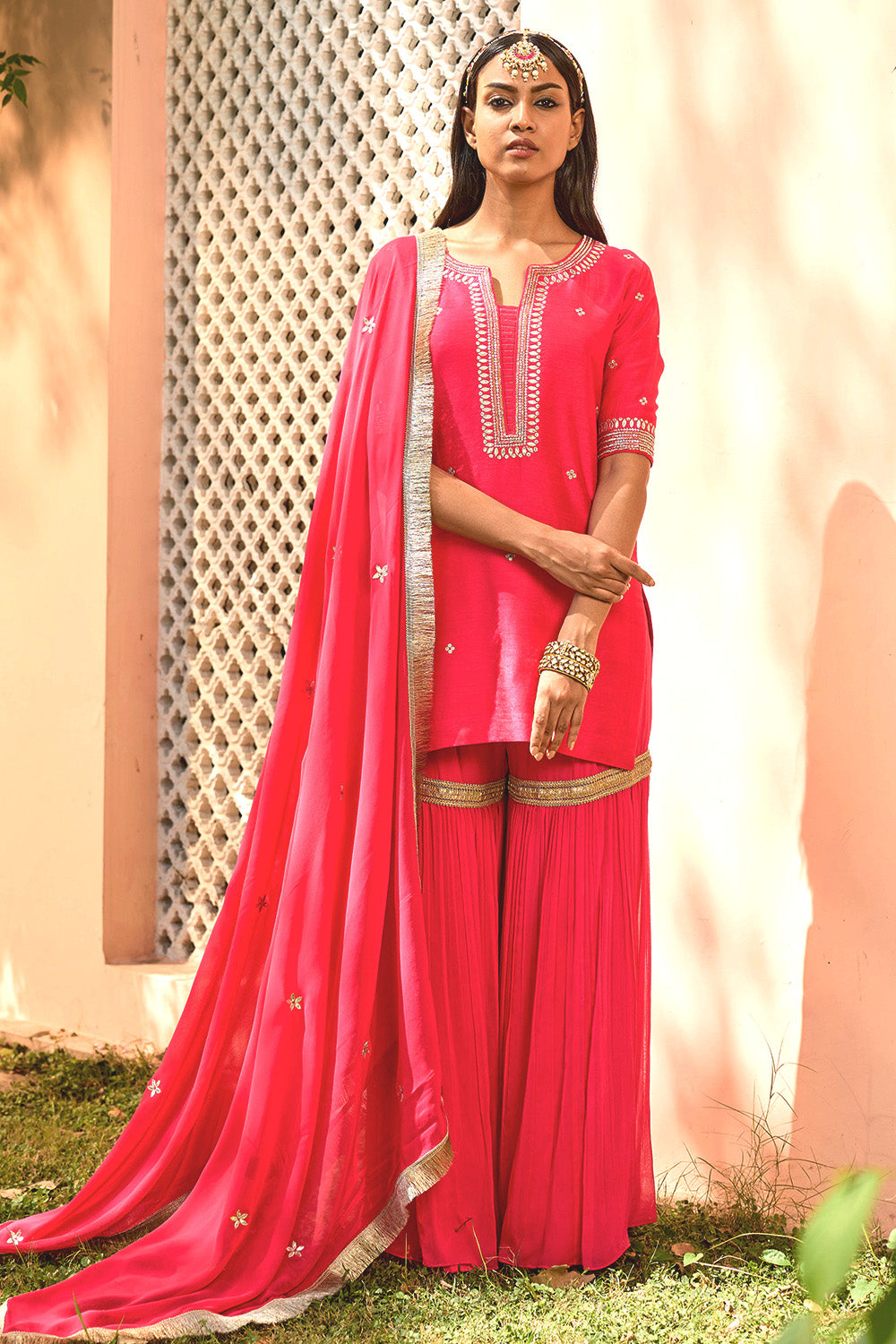 Rani Pink Silk Georgette Embroidered Sharara Set