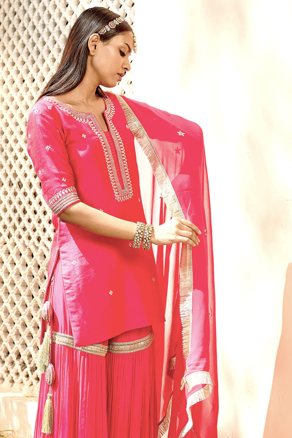 Rani Pink Silk Georgette Embroidered Sharara Set