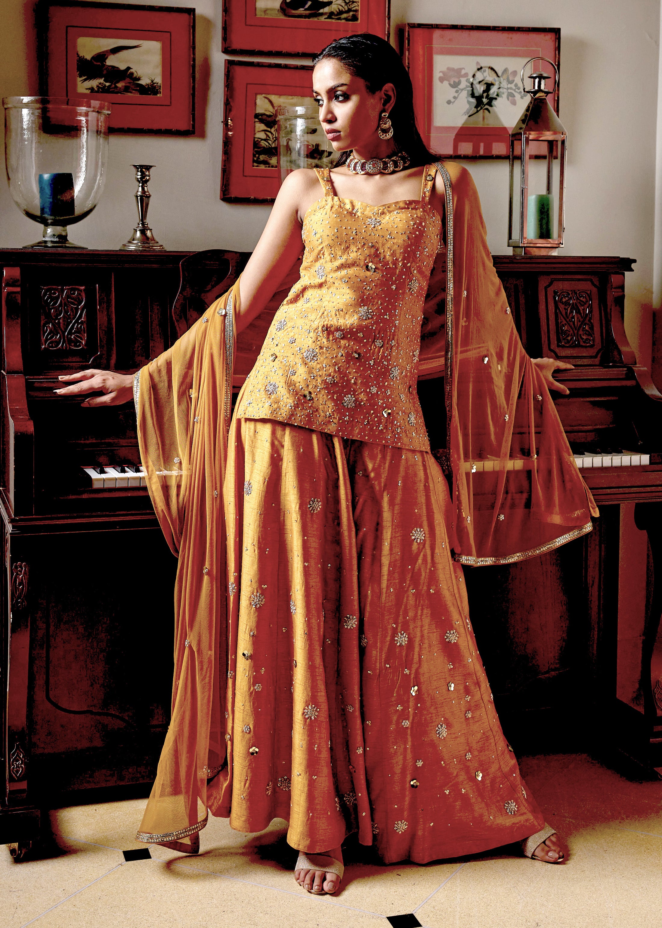 Golden Color Hand Embroidered Sassy Sharara Set