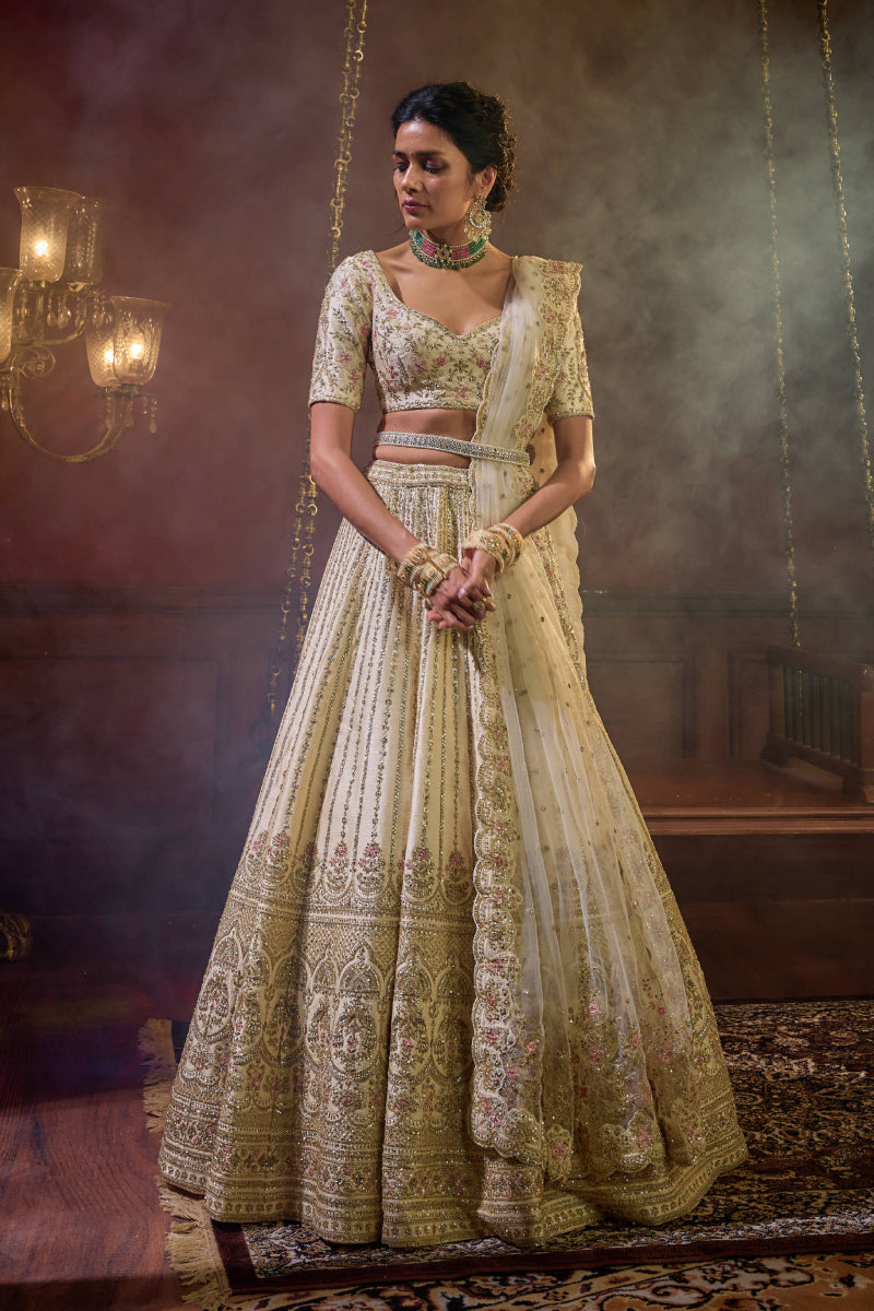 Ivory Raw Silk Hand & Machine Embroidered Lehenga Set