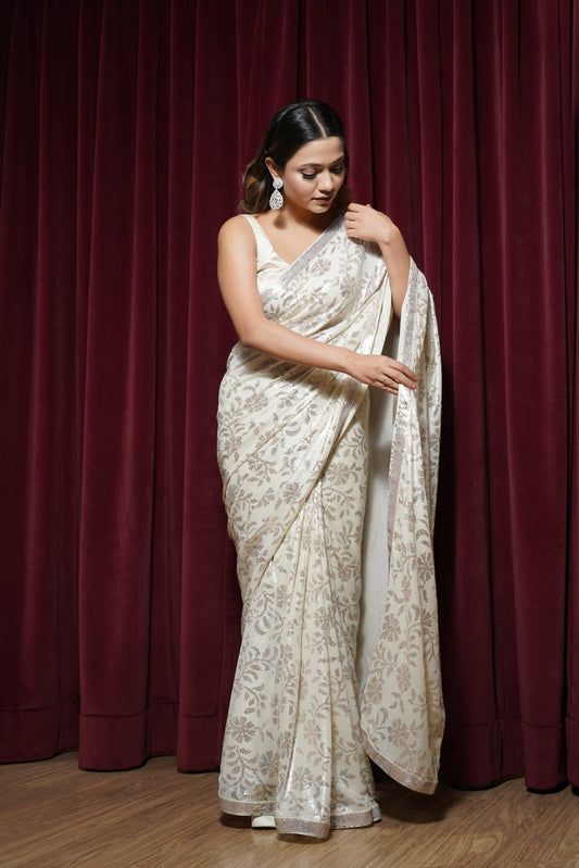 White Saree with Silver Sequins Floral Embroidery