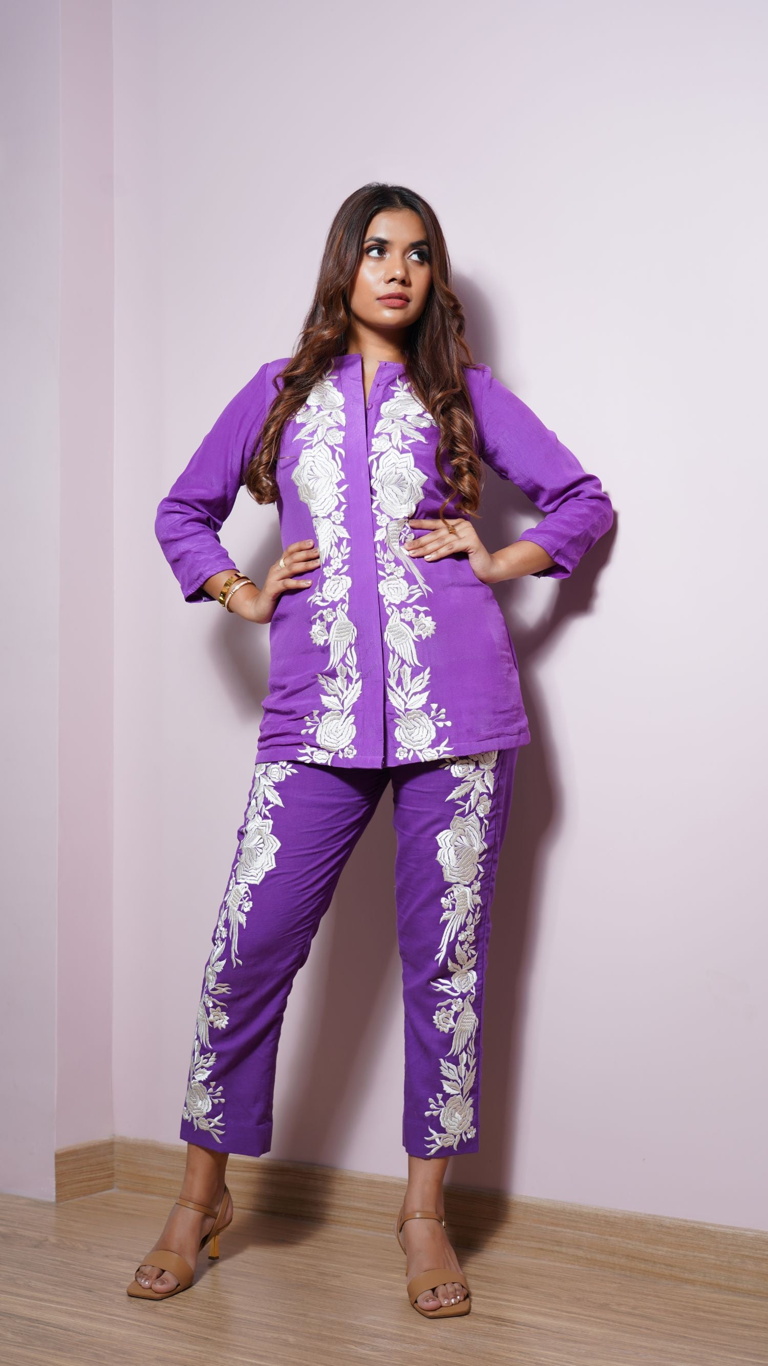Purple Vertical Embroidered Parsi Coord
