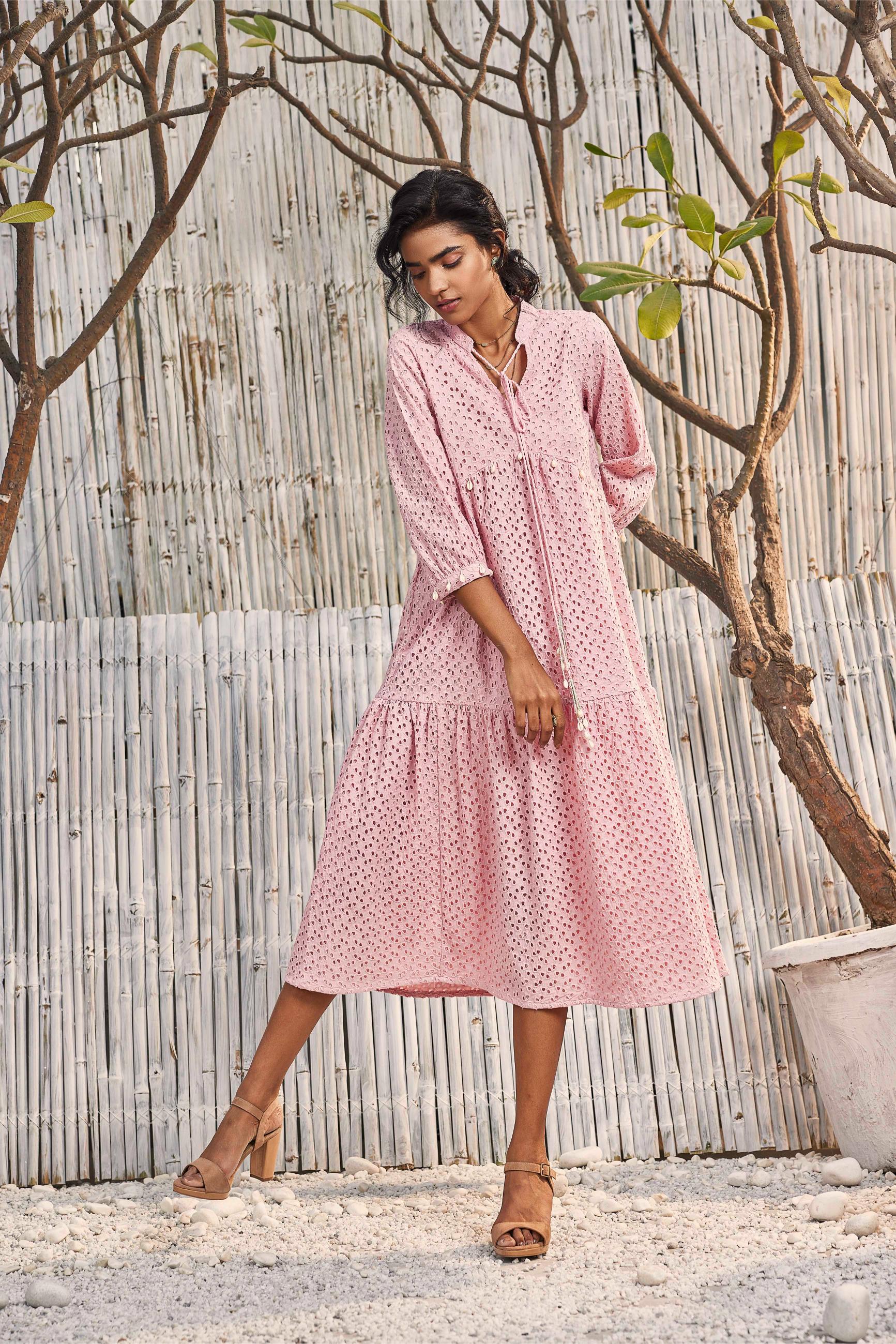 Breezy Cotton Cutwork Dress in Blush Pink