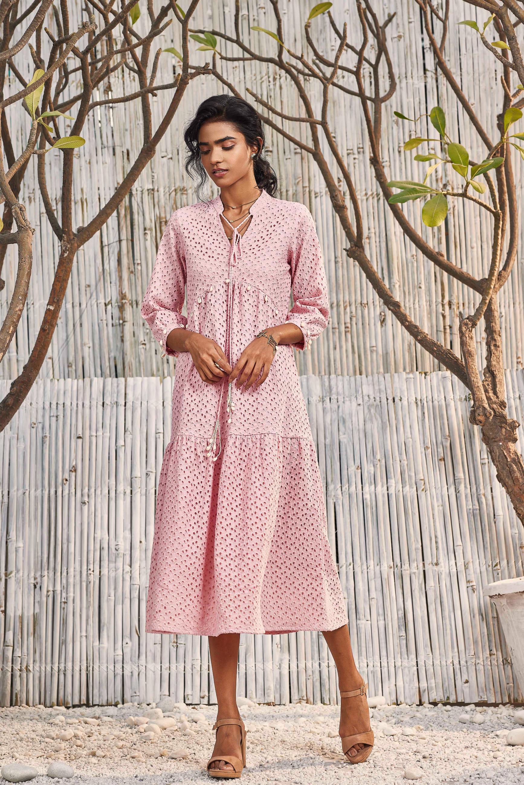 Breezy Cotton Cutwork Dress in Blush Pink