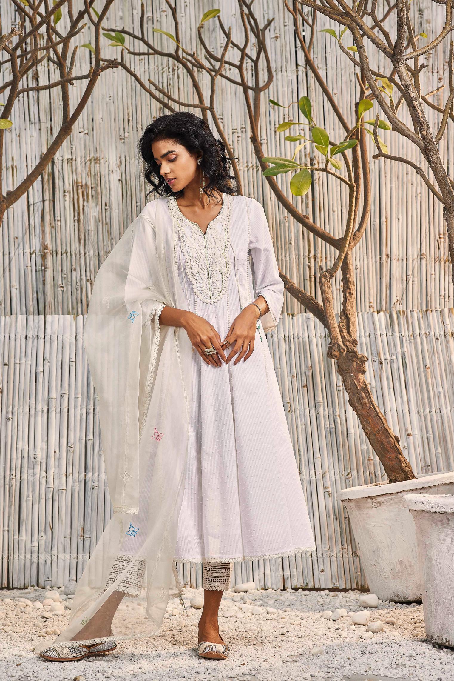 Off-White Flairy Cotton Kurta with Pant - Set of 3