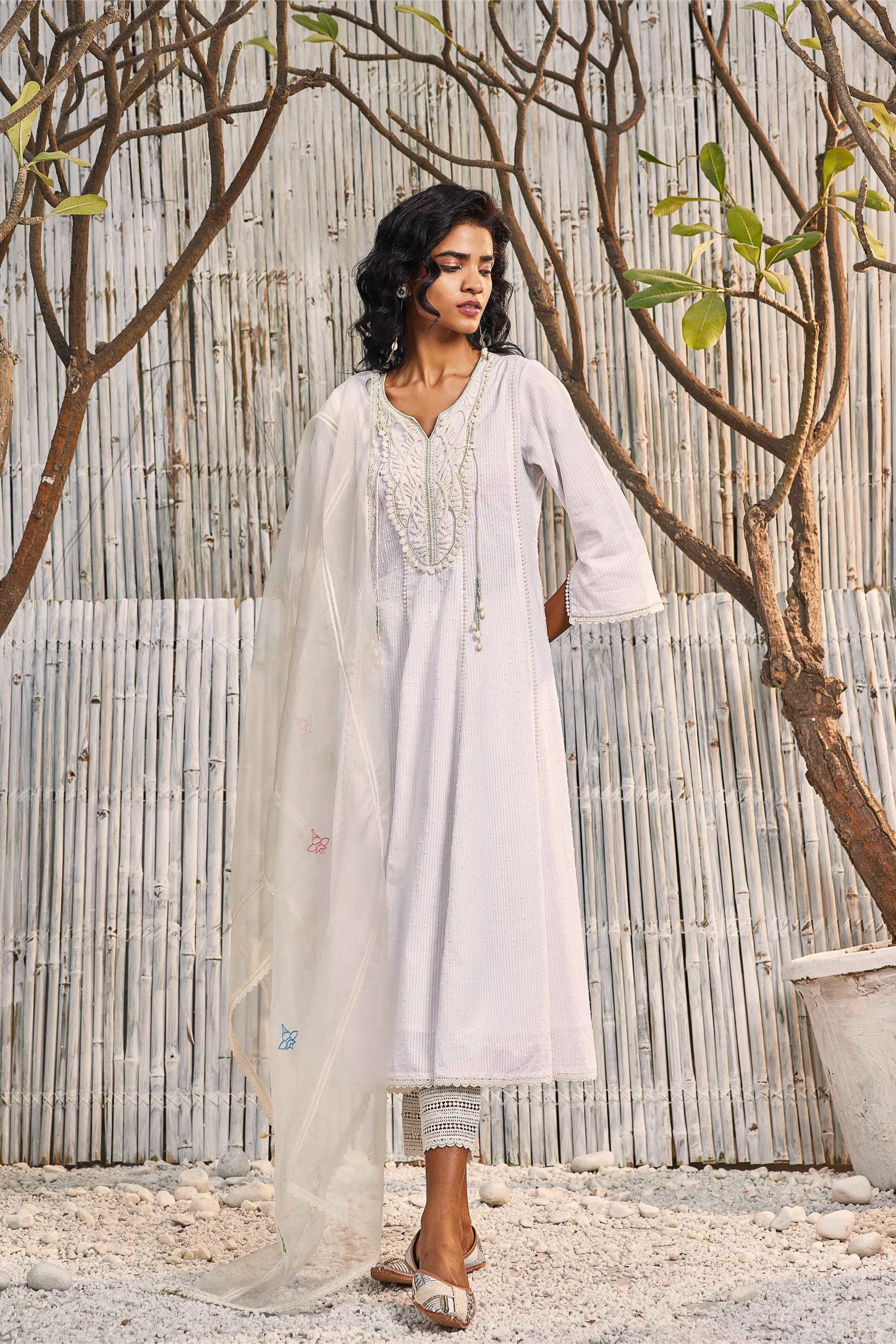 Off-White Flairy Cotton Kurta with Pant - Set of 3