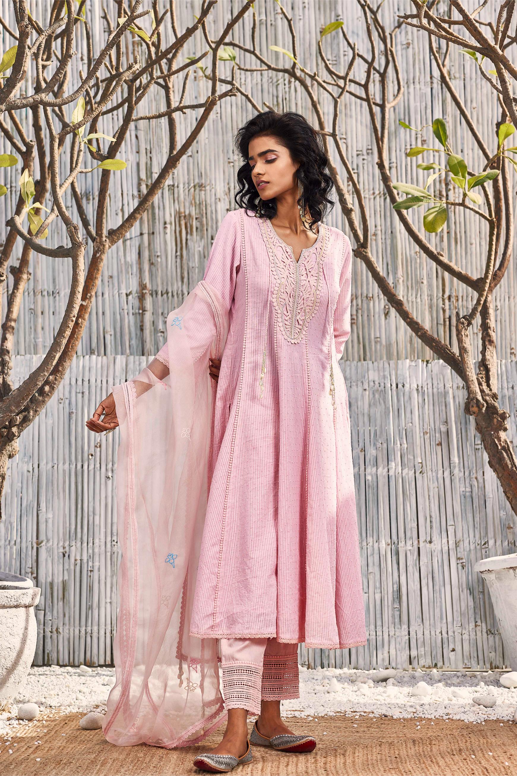 Blush Pink Flairy Cotton Kurta with Pant - Set of 3