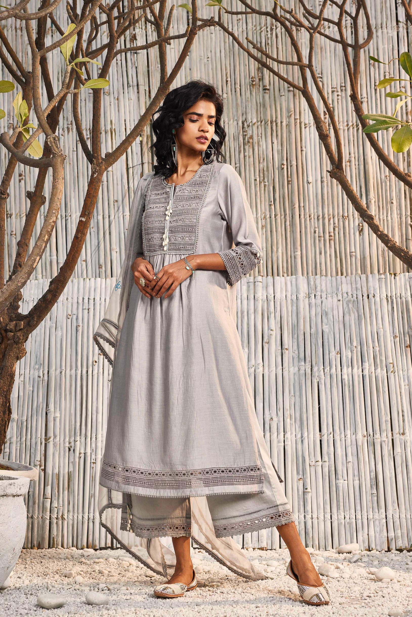 Steel Grey Chanderi Kurta with Palazzo - Set of 3