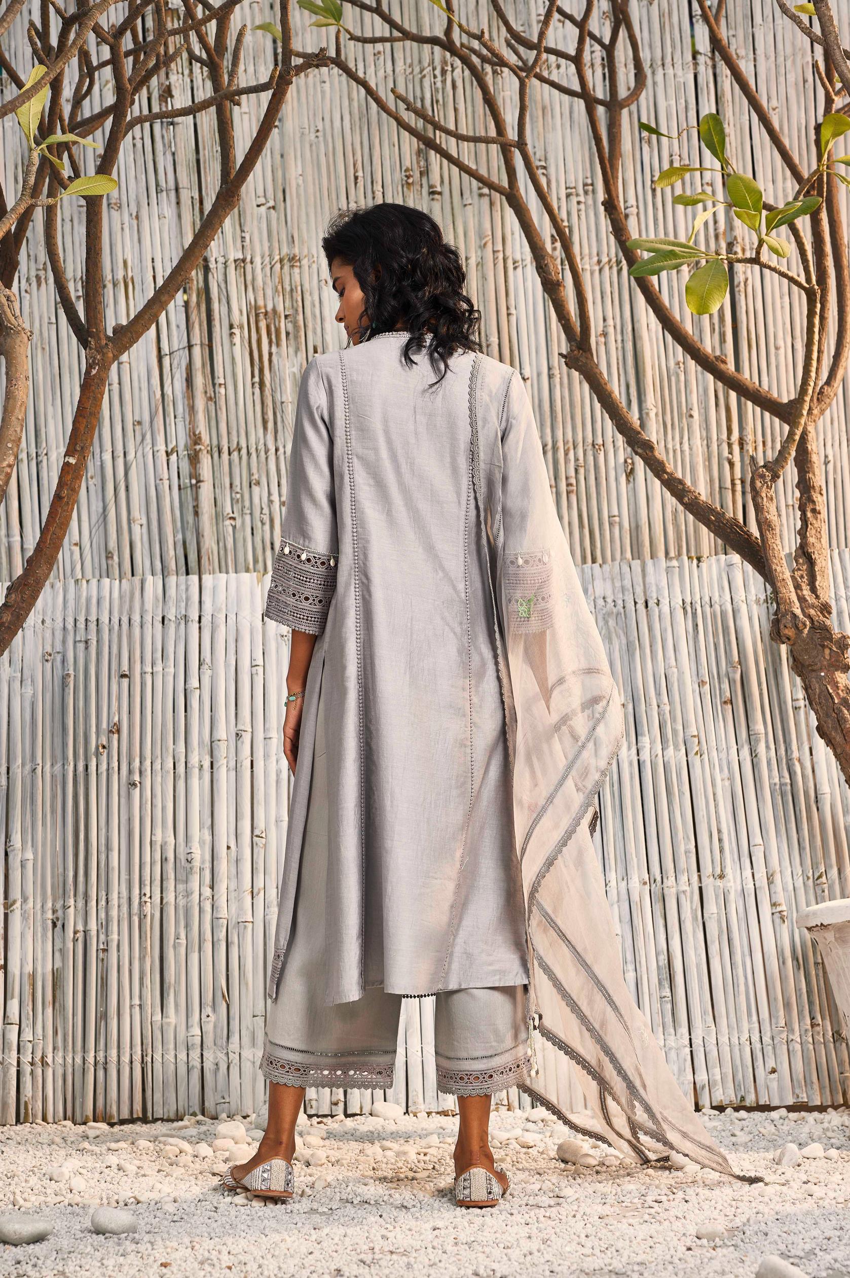 Steel Grey Chanderi Kurta with Palazzo - Set of 3