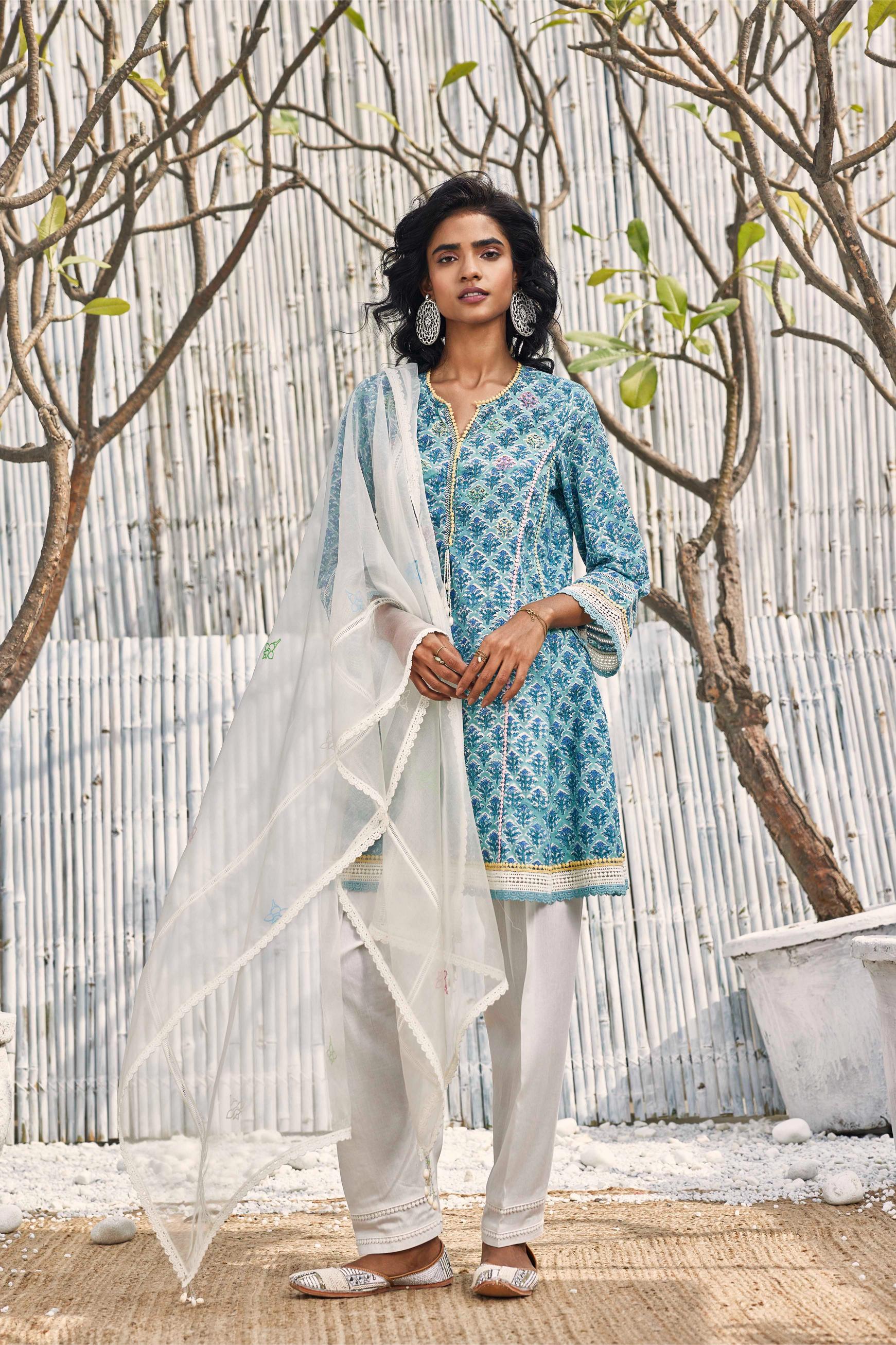 Block Print Short Anarkali with Salwar - Set of 3