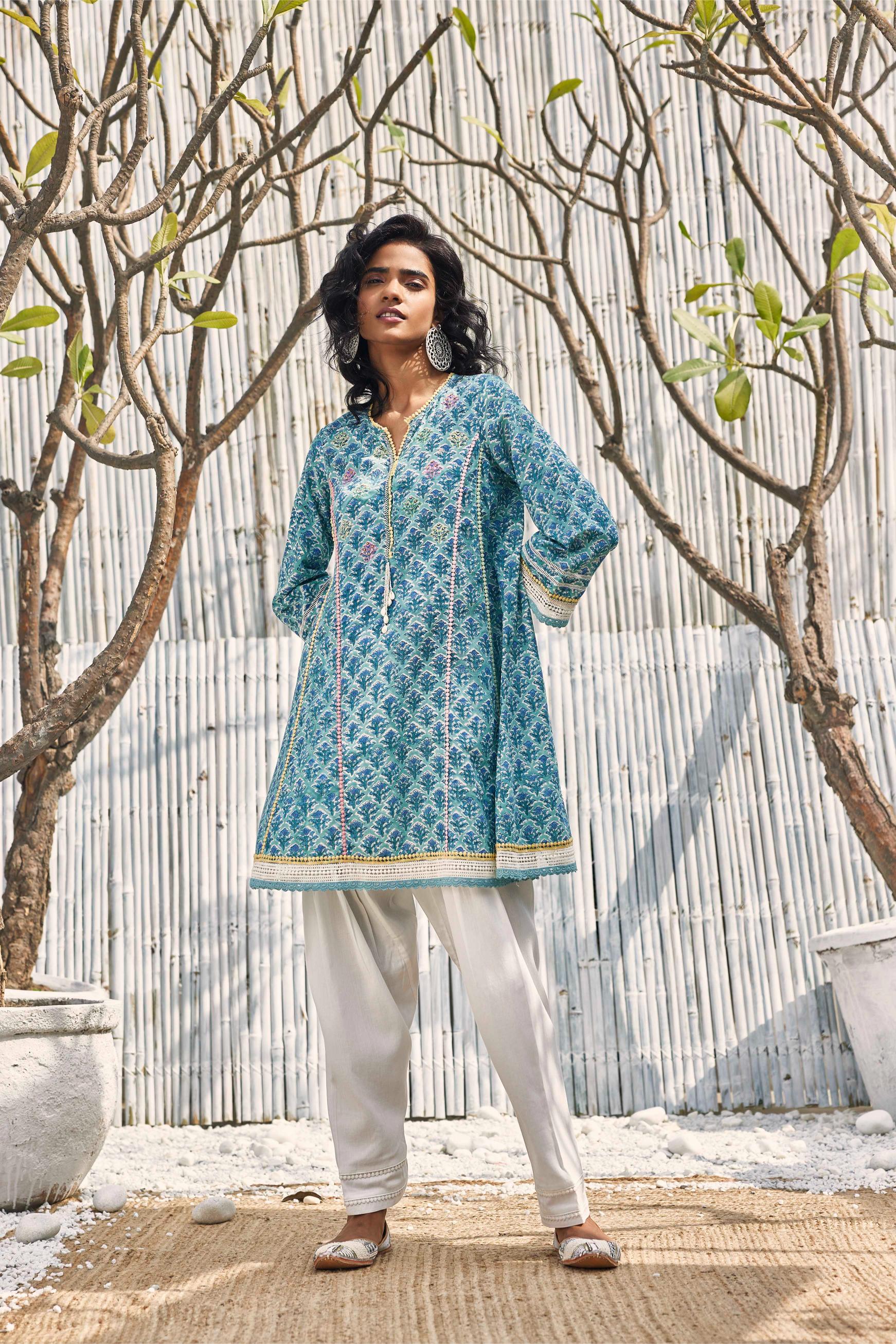 Block Print Short Anarkali with Salwar - Set of 3