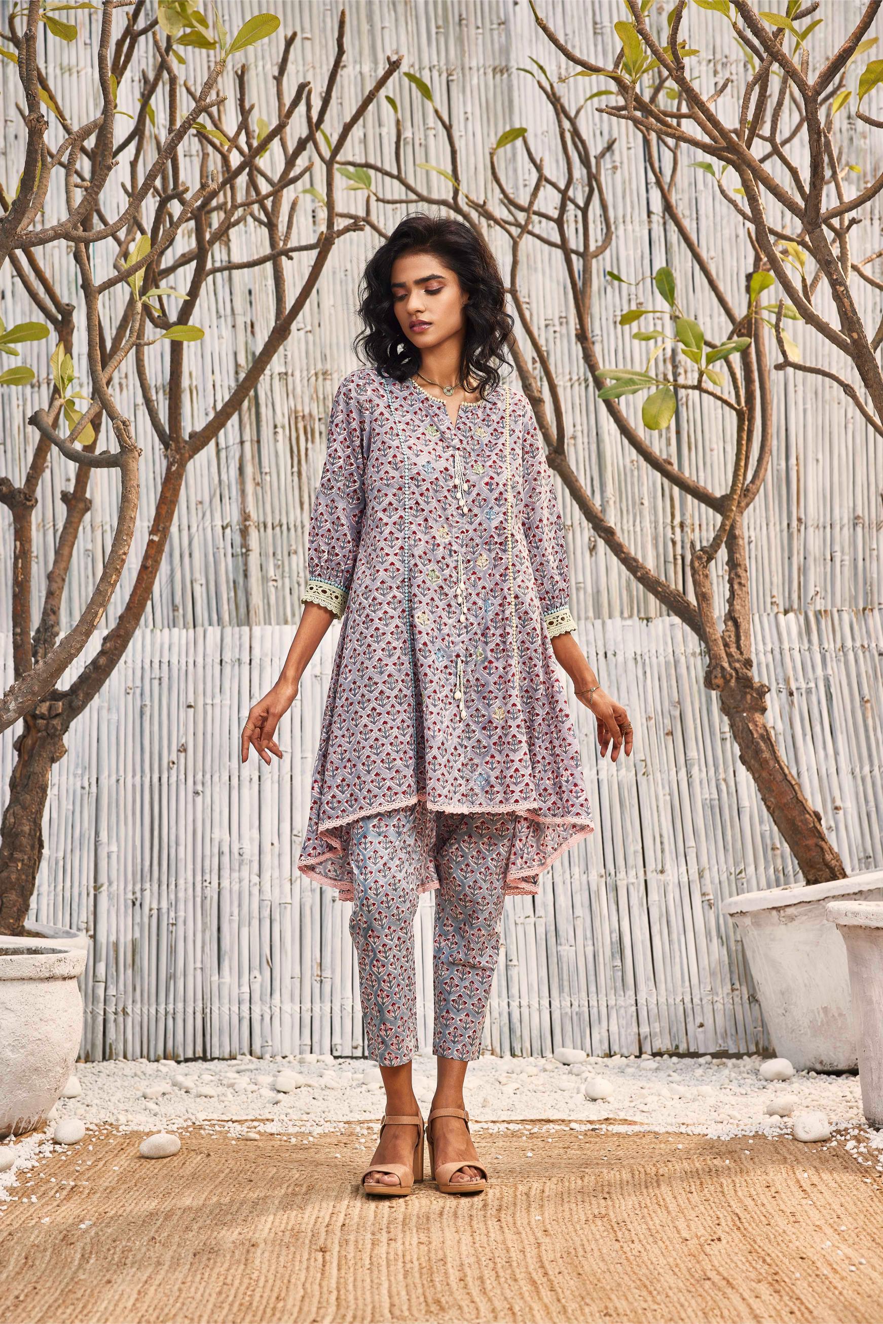 Block Print High Low Kurta with Pant - Set of 2