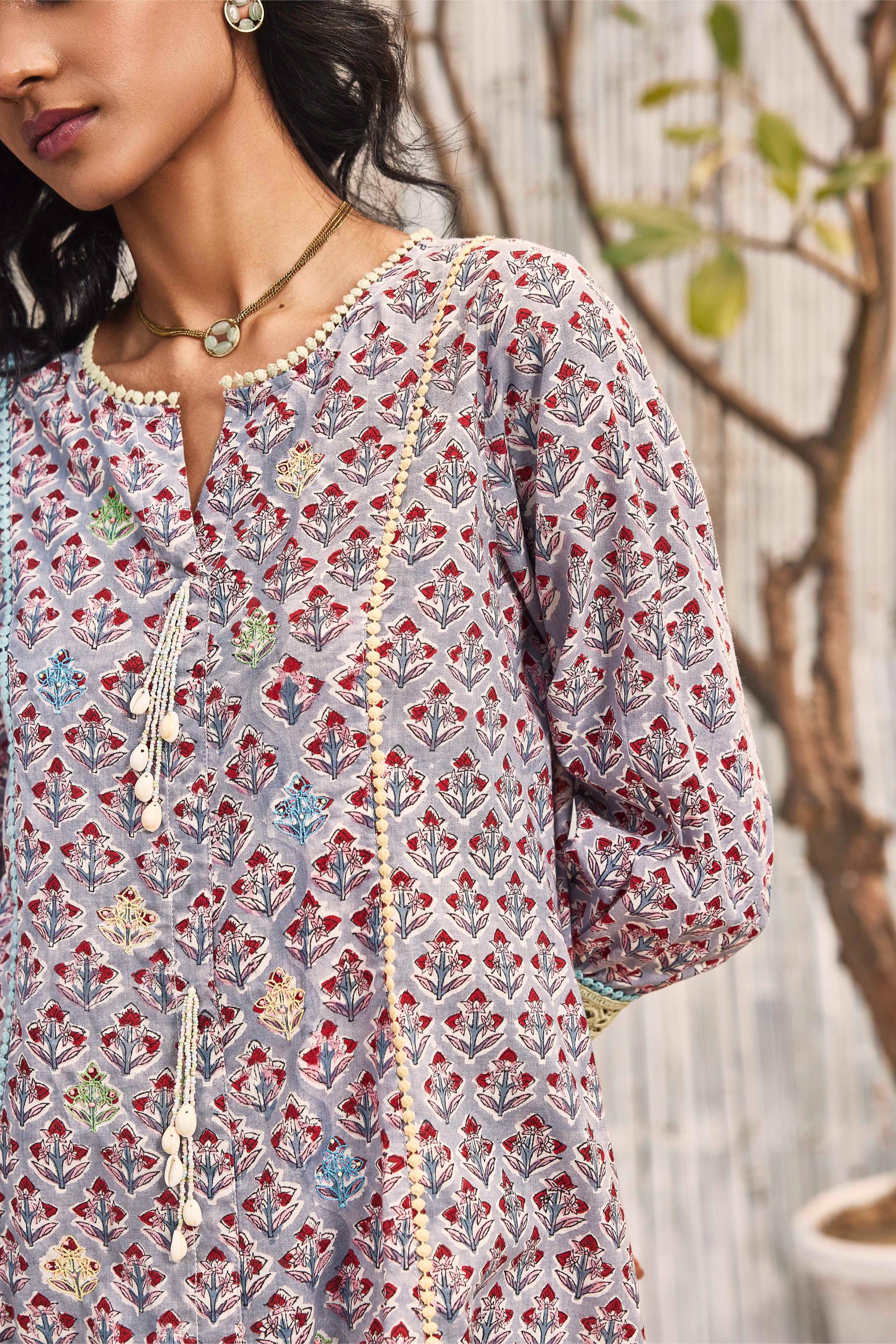 Block Print High Low Kurta with Pant - Set of 2