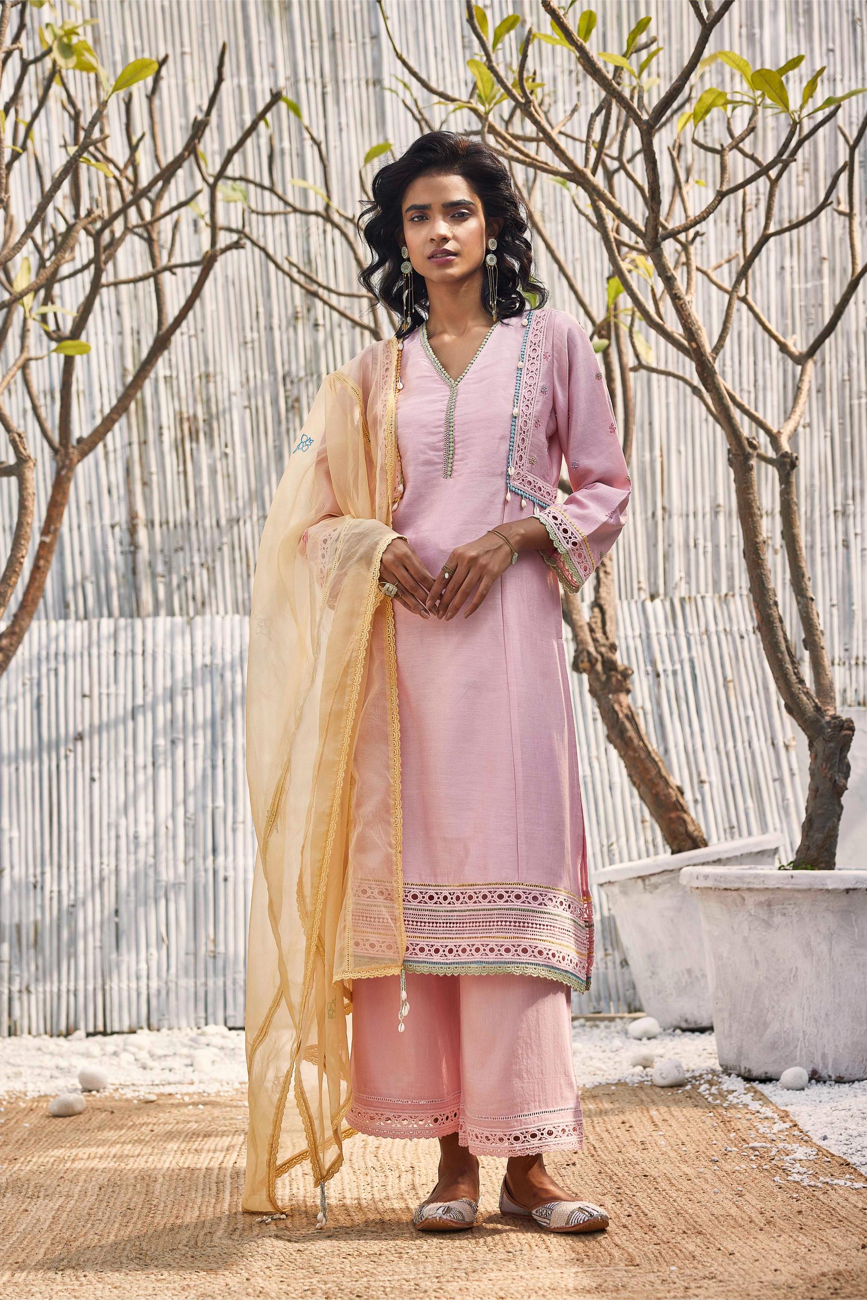 Blush Pink A-line Kurta with Palazzo - Set of 3