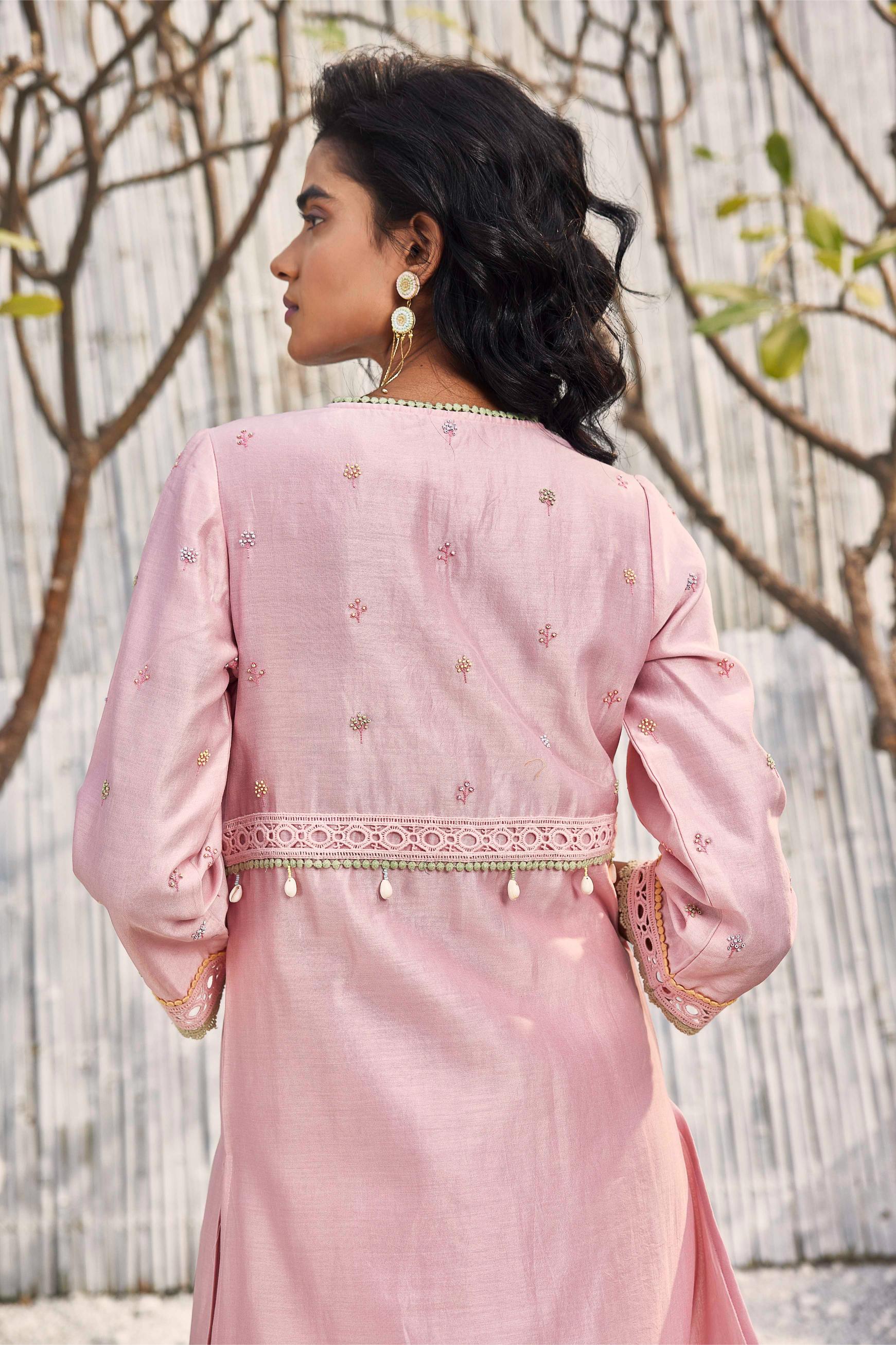 Blush Pink A-line Kurta with Palazzo - Set of 3