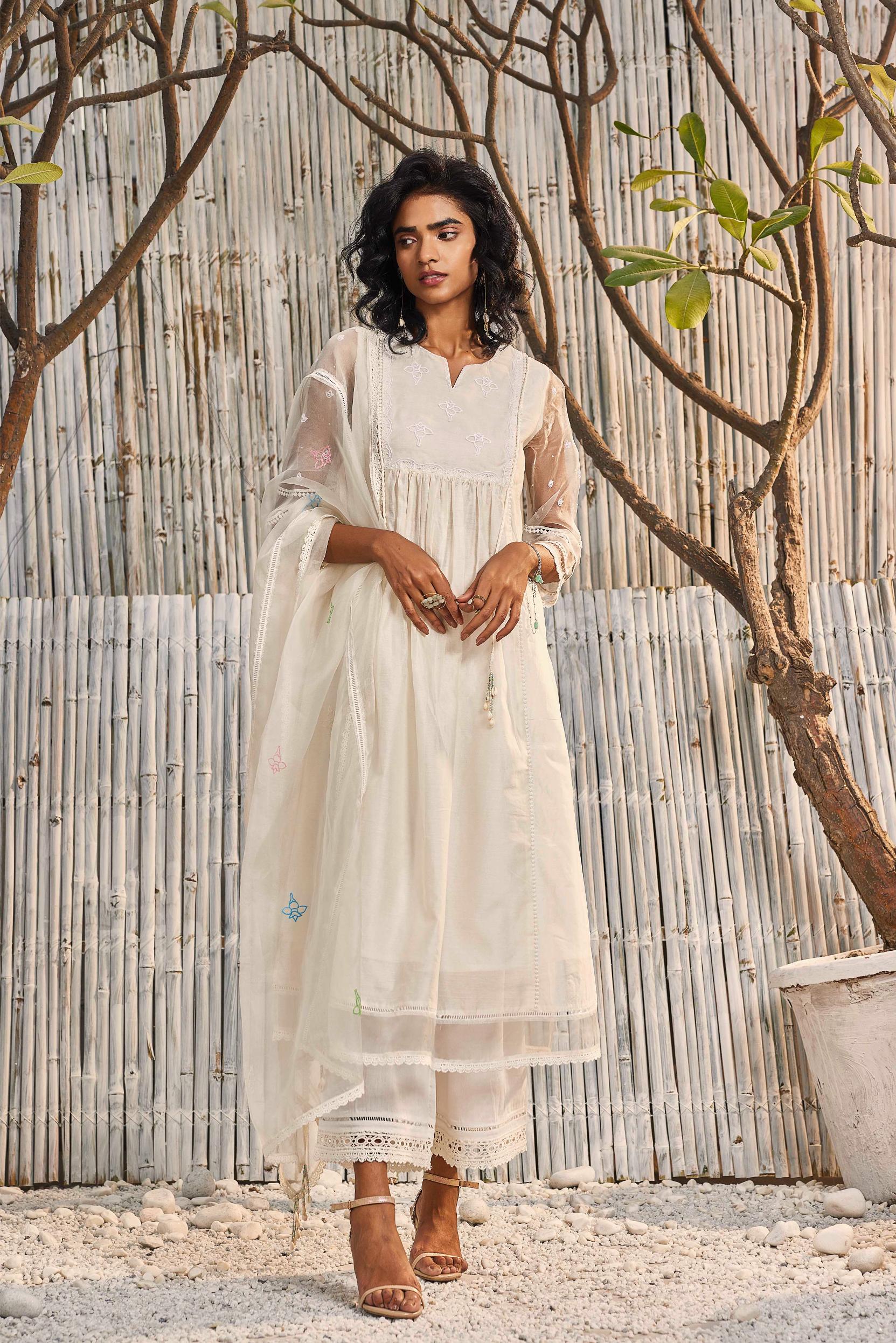 Shell white Chanderi Gathered Kurta with Pant - Set of 2