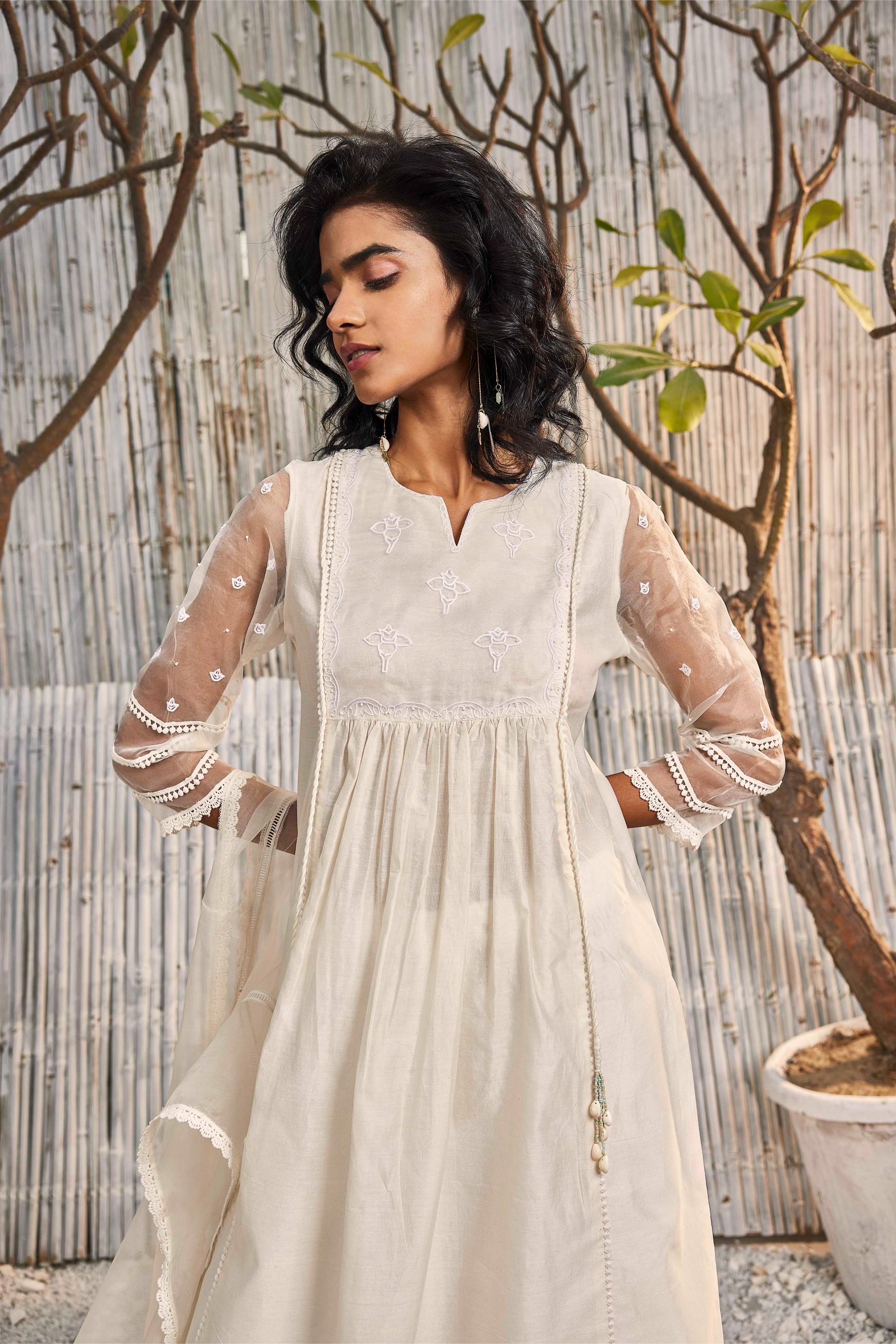 Shell white Chanderi Gathered Kurta with Pant - Set of 2