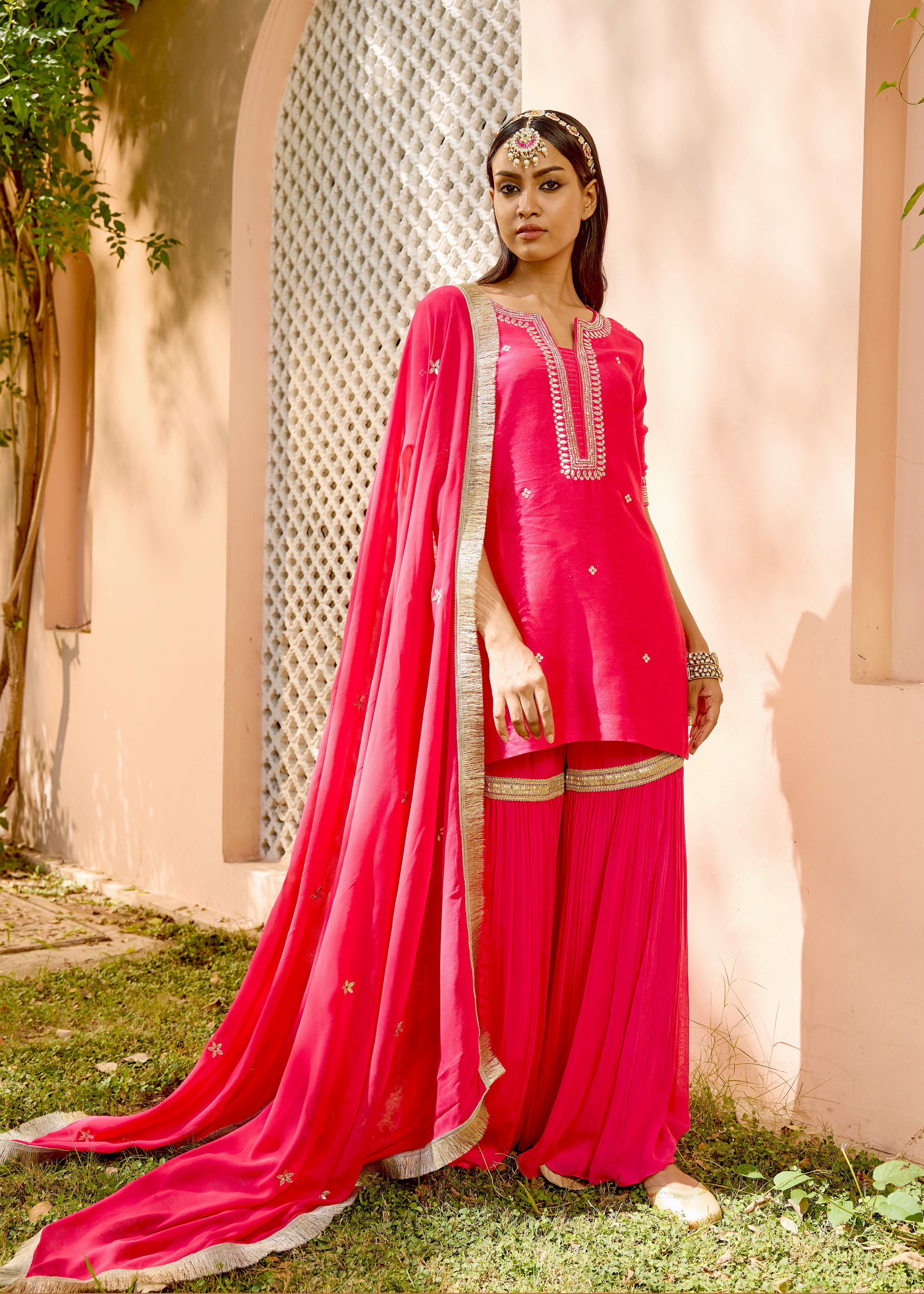 Rani Pink Silk Georgette Embroidered Sharara Set