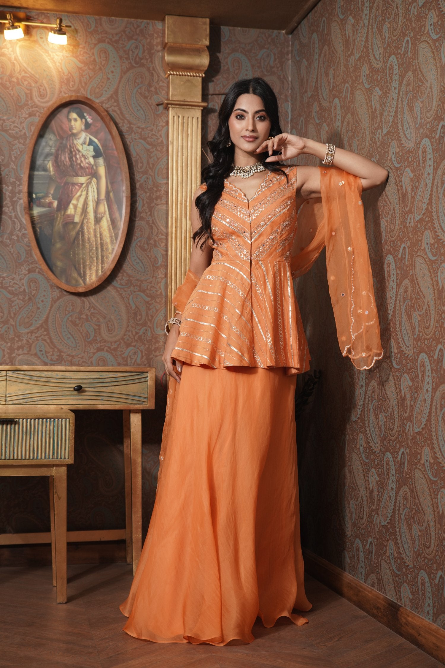 peplum style indian dresses Beige gold peplum top sharara palazo indo western party wear wedding wear