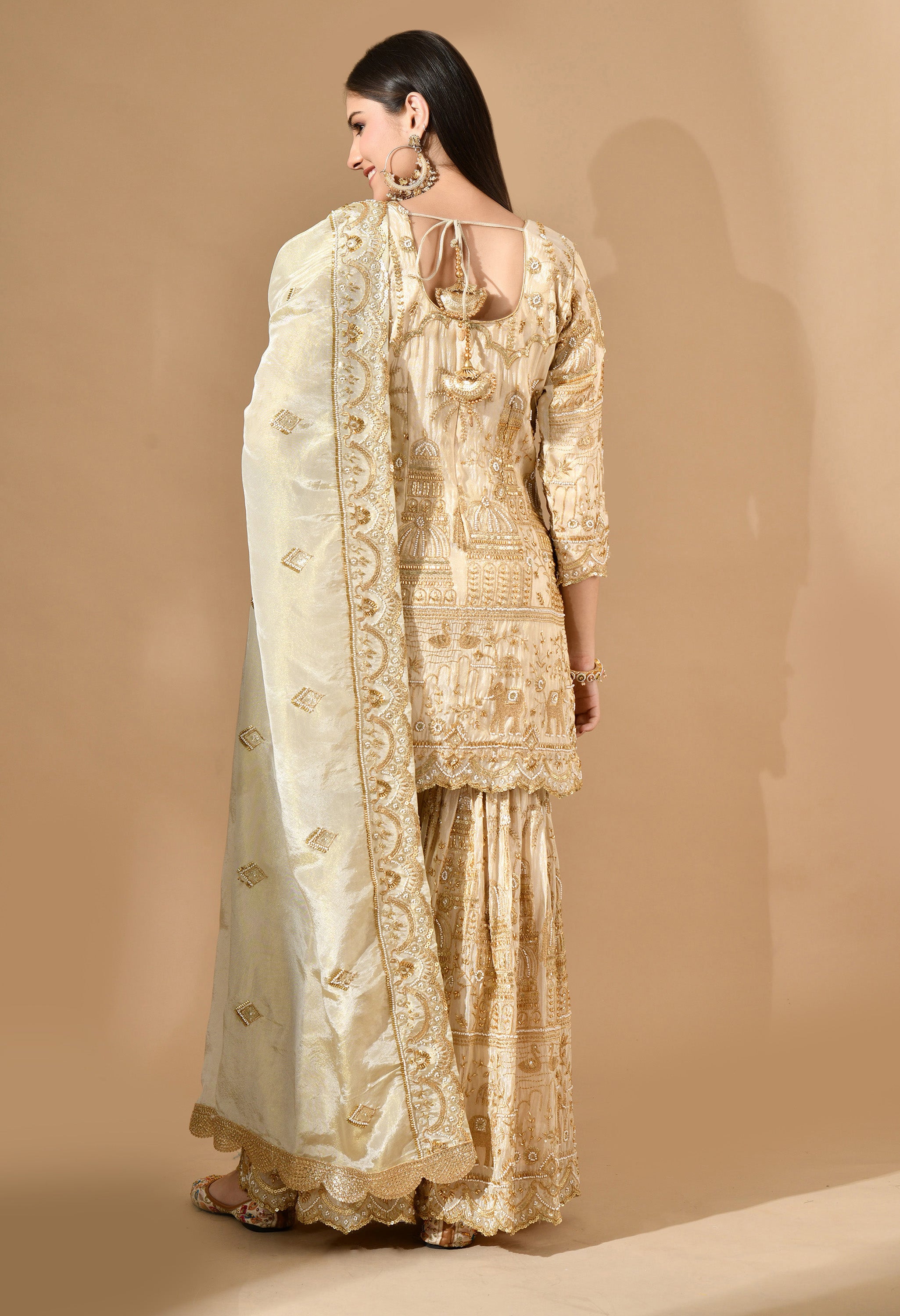 Golden Sharara Set With Zardozi, Pearl & Cutdana Work