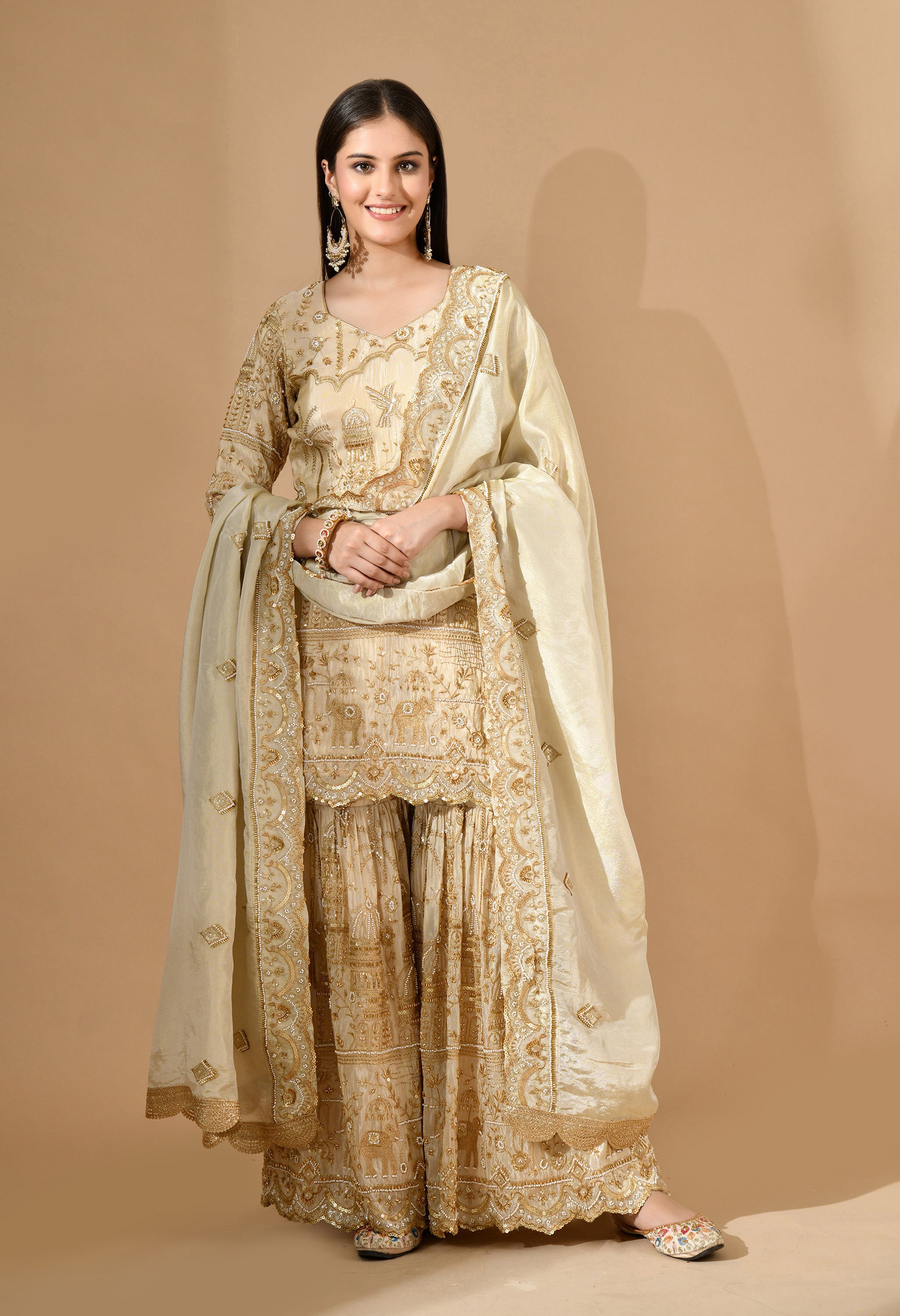 Golden Sharara Set With Zardozi, Pearl & Cutdana Work
